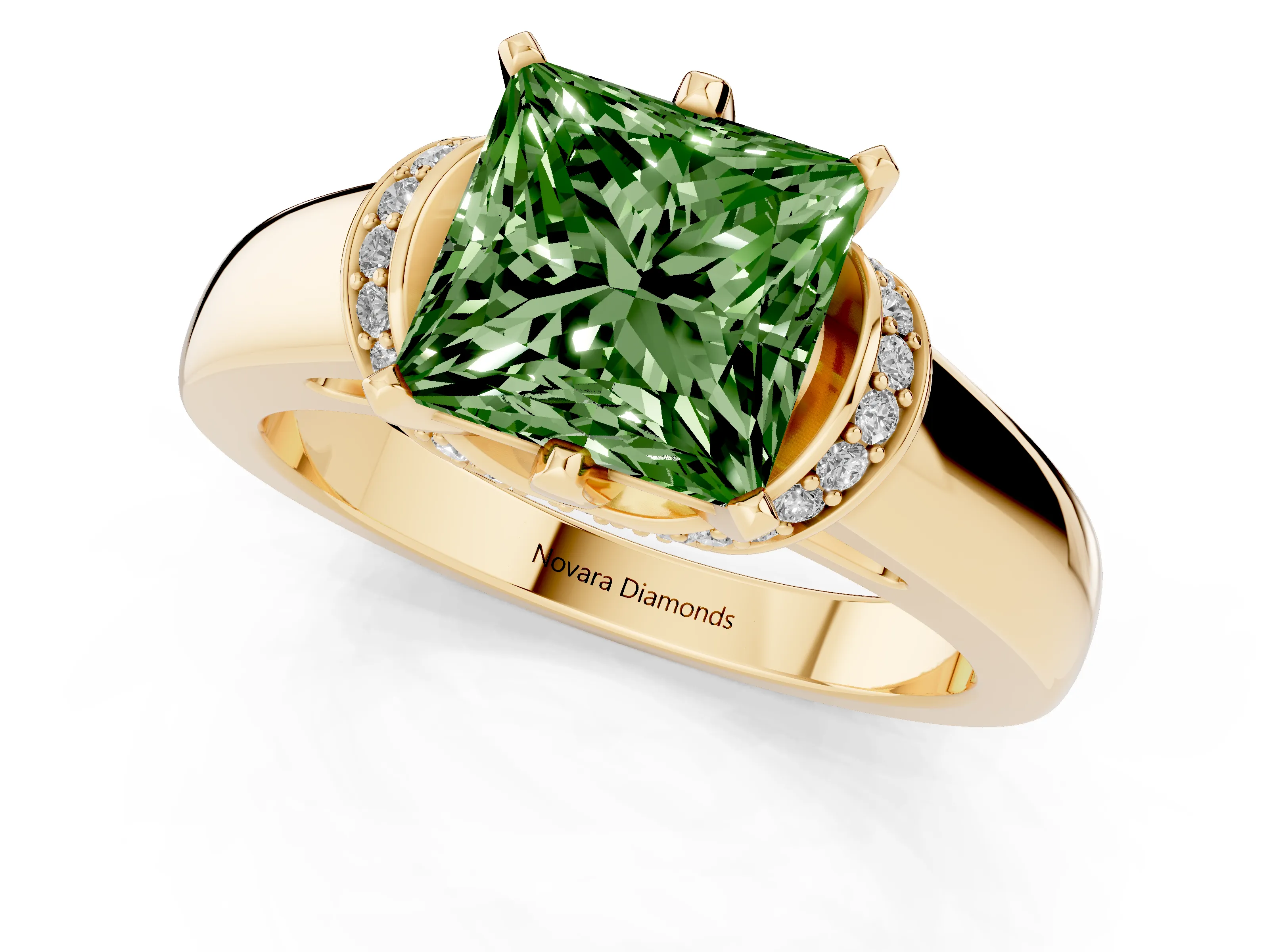 Fancy Green Princess Cut Diamond Pavé Band Solitaire Ring Set in Yellow gold with Prong Setting