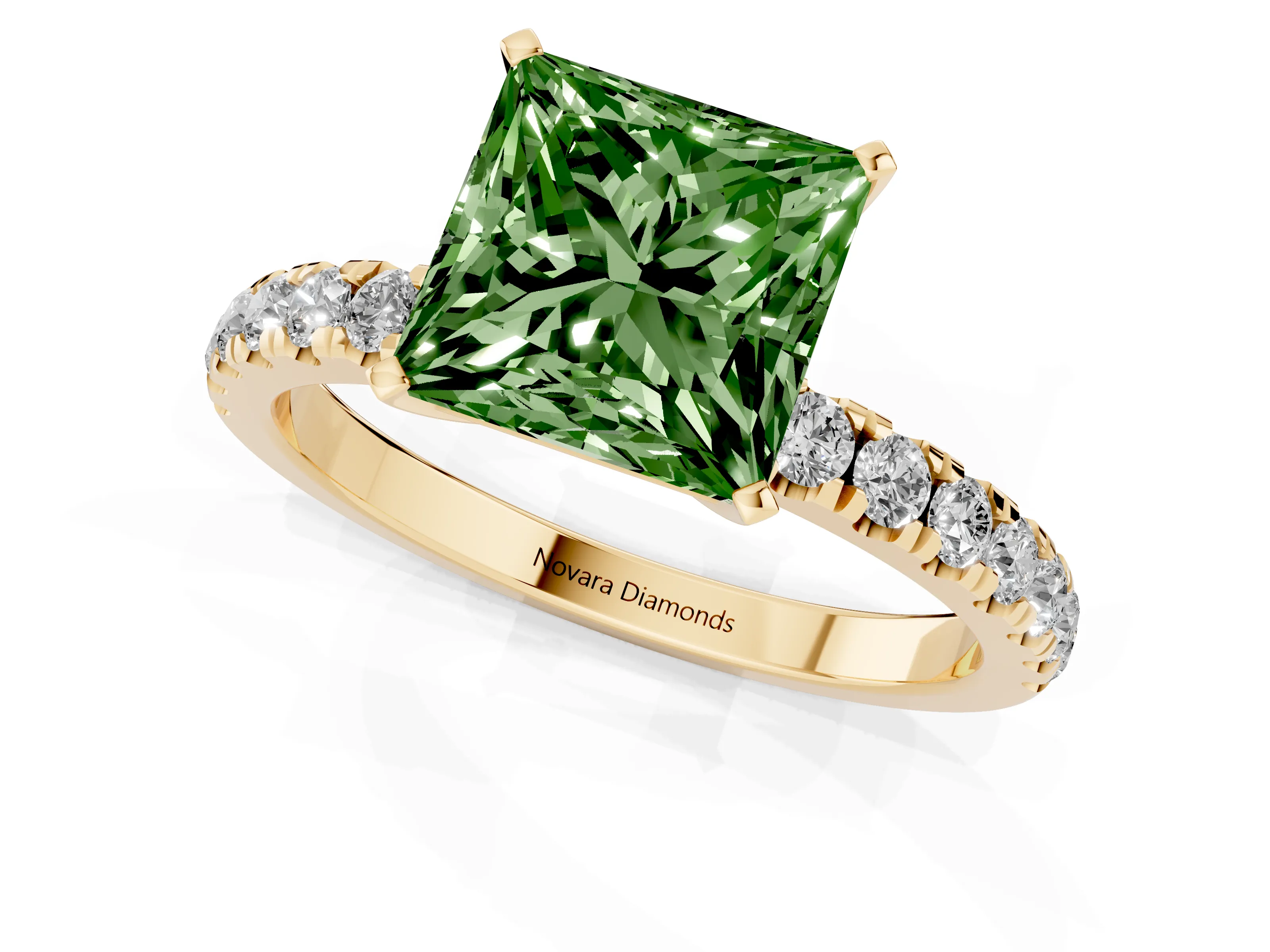Fancy Green Princess Cut Diamond Solitaire Ring Set in Yellow gold with Pavé Accents and Prong Setting