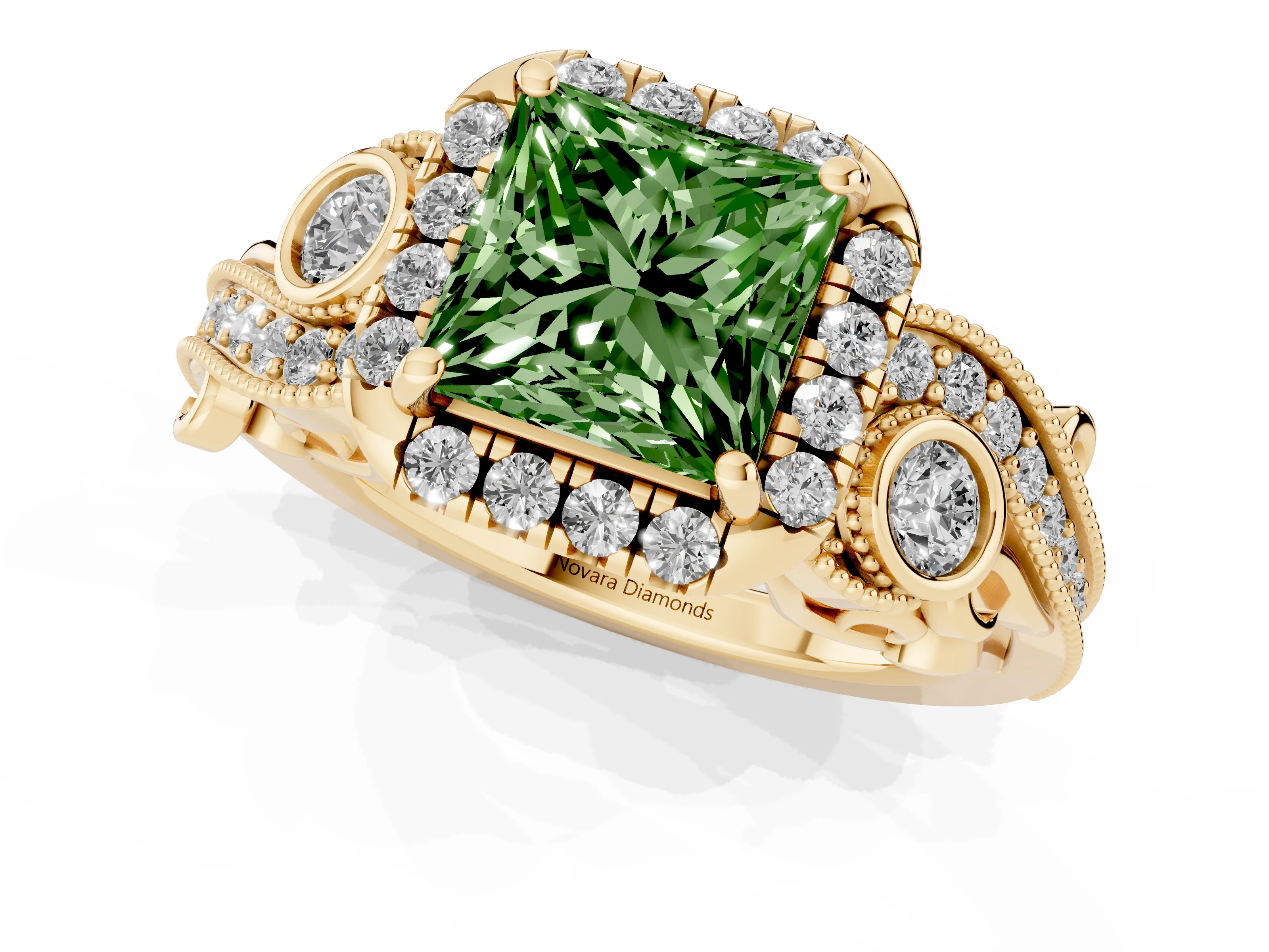 Fancy Green Princess Cut Diamond Halo Split Shank Ring Set in Yellow gold with Milgrain and Bezel Accents