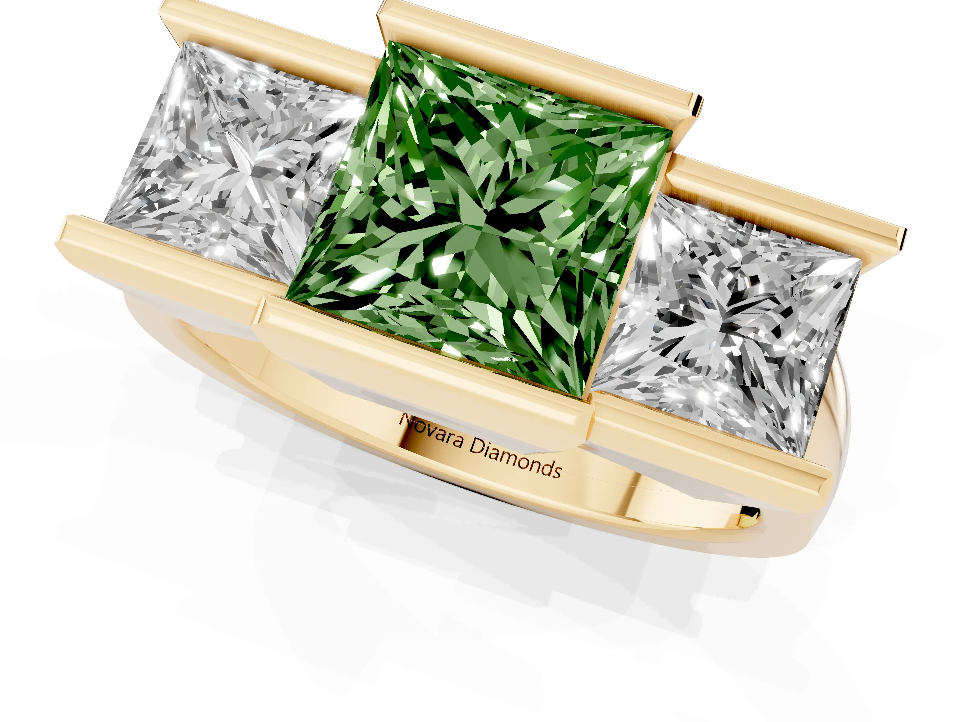 Fancy Green Princess Cut Diamond Three-Stone Channel Set Ring Set in Yellow gold with Smooth Polished Band