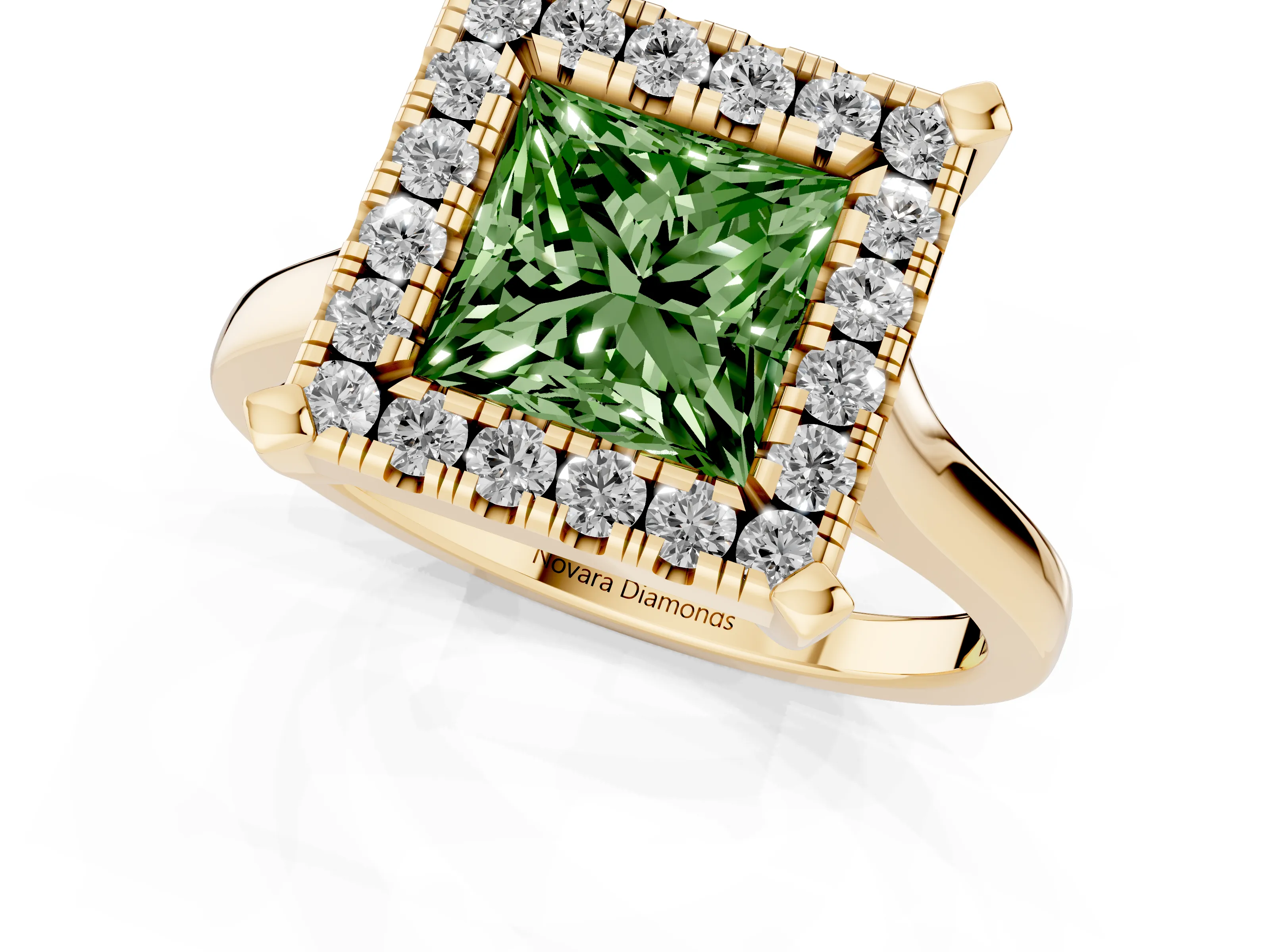 Fancy Green Princess Cut Diamond Cluster Halo Solitaire Ring Set in Yellow gold with Prong Setting