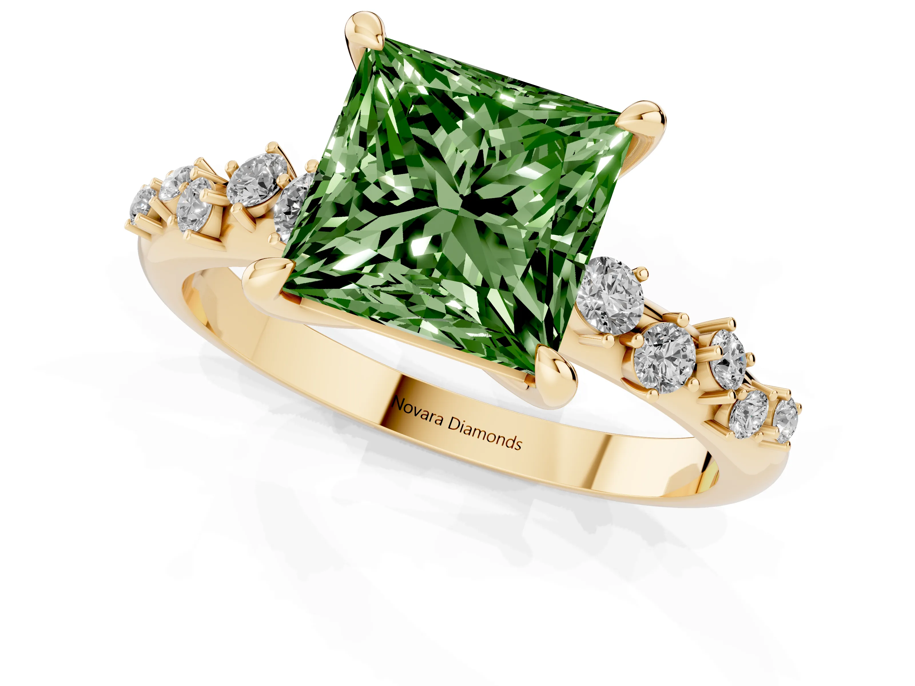 Fancy Green Princess Cut Diamond Solitaire Vine Band Ring Set in Yellow gold with Round Accents and Prong Setting – second view