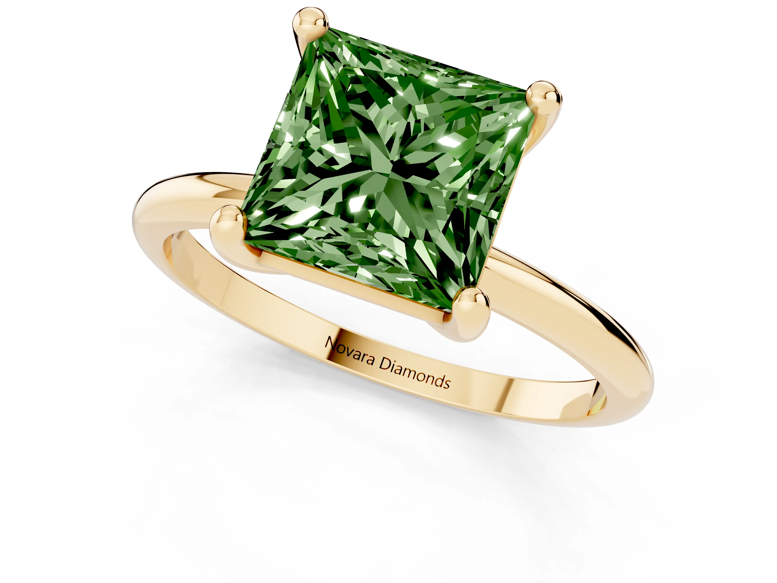 Fancy Green Princess Cut Diamond Solitaire Ring Set in Yellow gold with Secure Prong Setting on a Classic Band