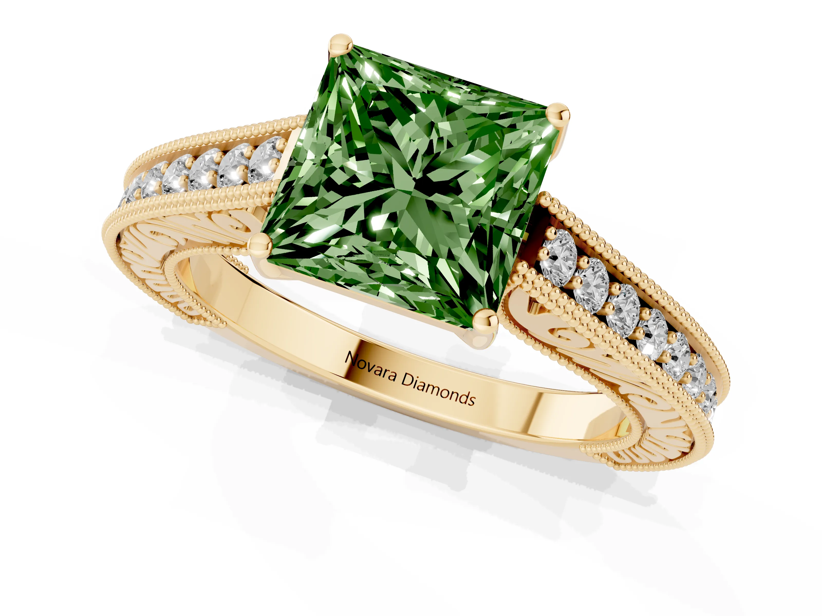 Fancy Green Princess Cut Diamond Milgrain Pavé Band Solitaire Ring Set in Yellow gold with Prong Setting