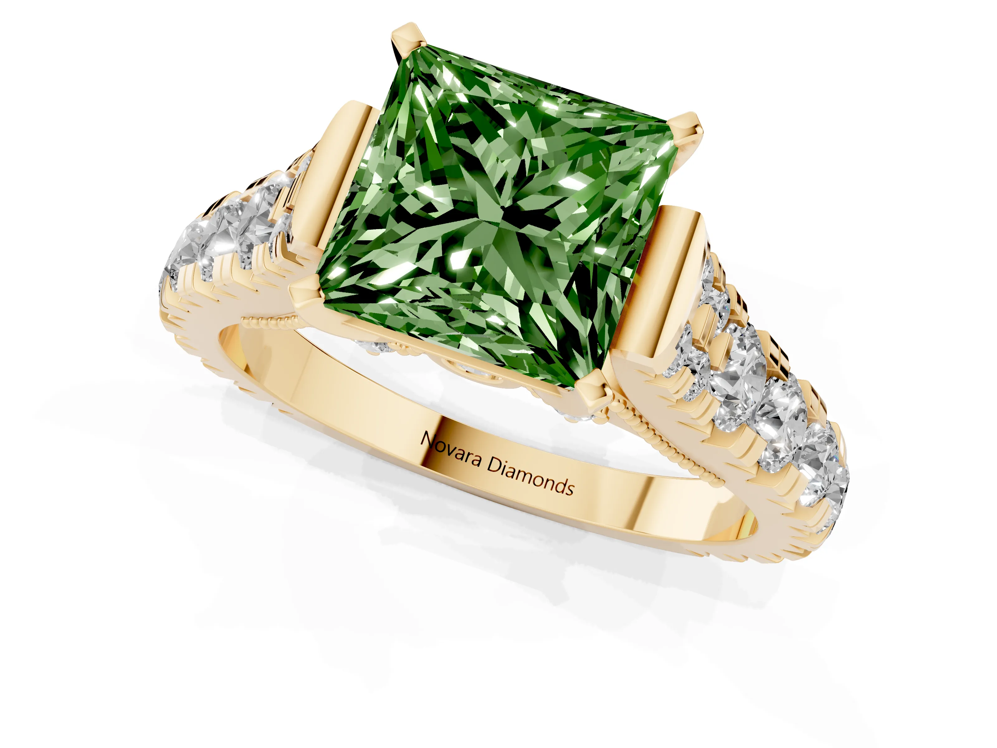 Fancy Green Princess Cut Diamond Classic Solitaire Ring Set in Yellow gold with Pavé Band and Prong Setting