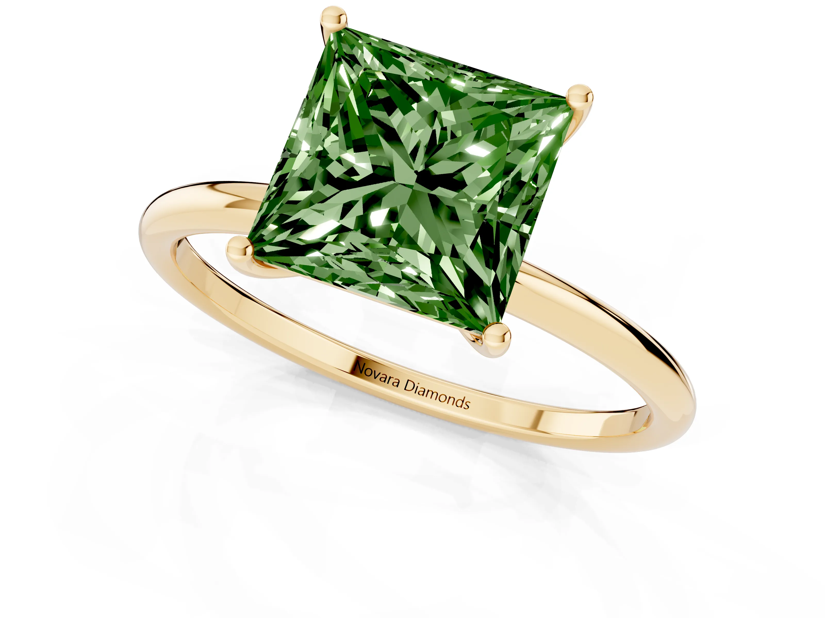 Fancy Green Princess Cut Diamond Solitaire Engagement Ring Set in Yellow gold with Thin Band and Prong Setting