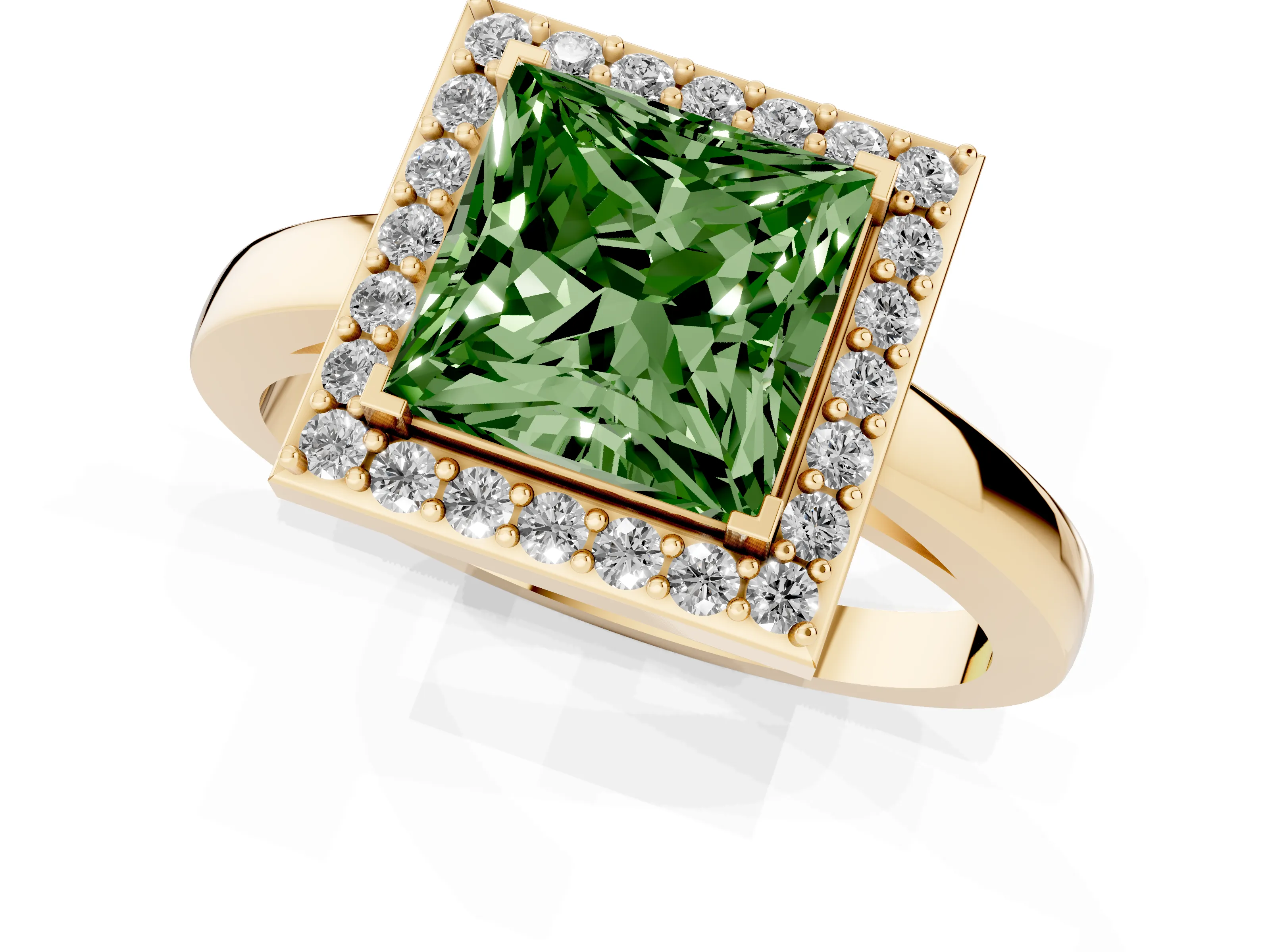 Fancy Green Princess Cut Diamond Halo Ring Set in Yellow gold with Solitaire Band and Prong Setting