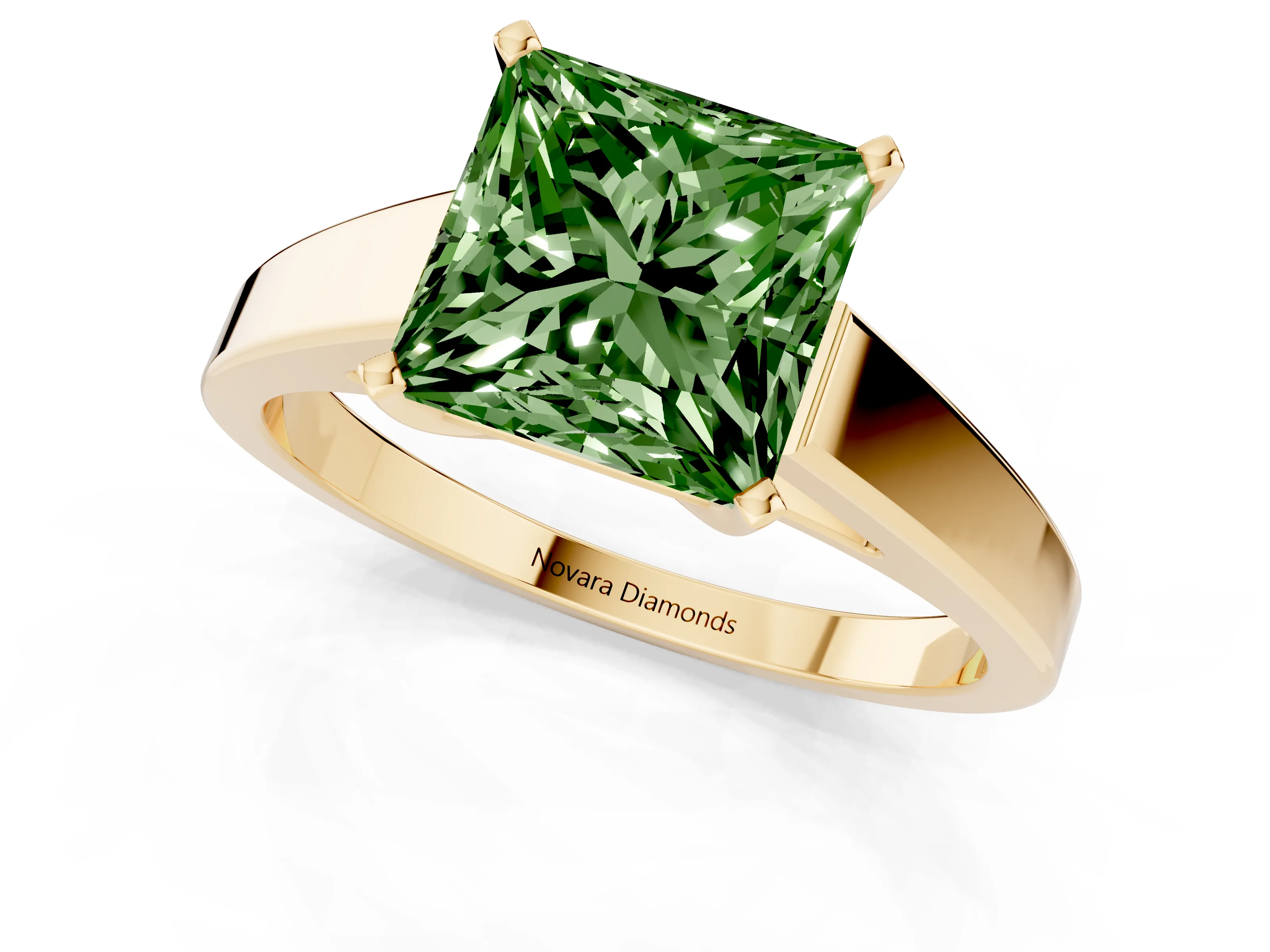 Fancy Green Princess Cut Diamond Solitaire Engagement Ring Set in Yellow gold with Prong Setting and Tapered Band