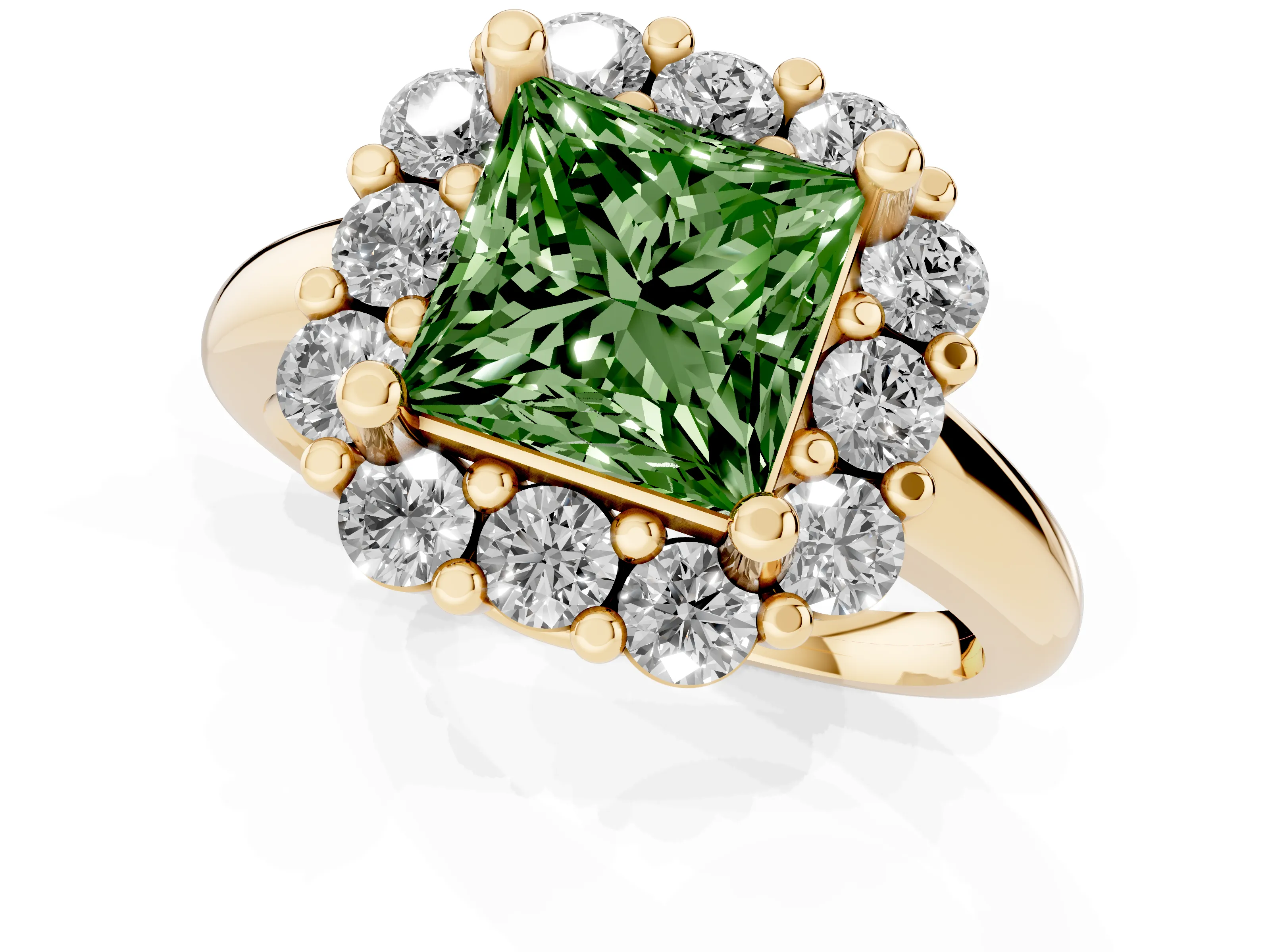 Fancy Green Princess Cut Diamond Halo Cluster Engagement Ring Set in Yellow gold with Polished Band and Prong Setting