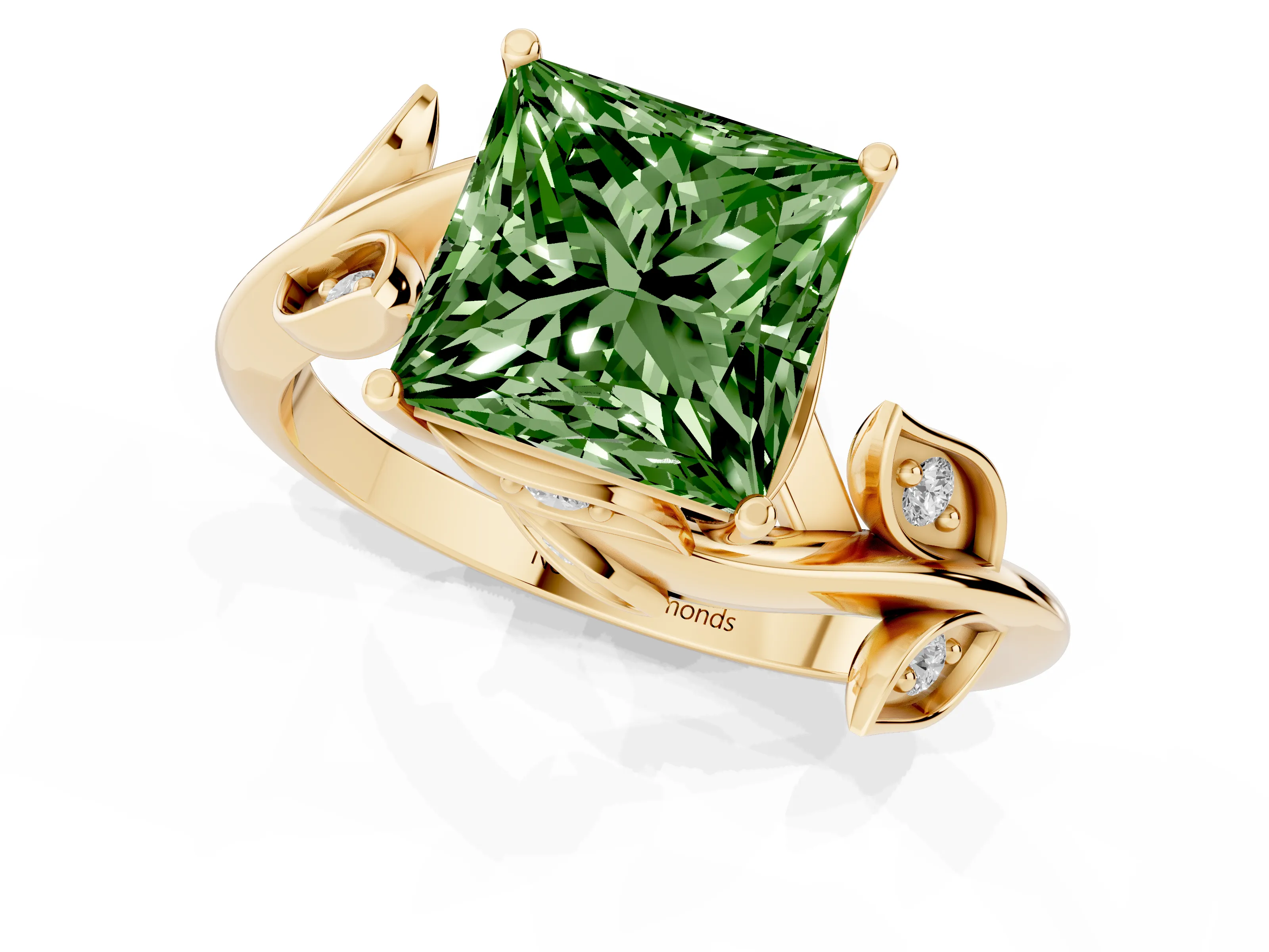 Fancy Green Princess Cut Diamond Solitaire Twist Engagement Ring Set in Yellow gold with Pavé Leaf Accents