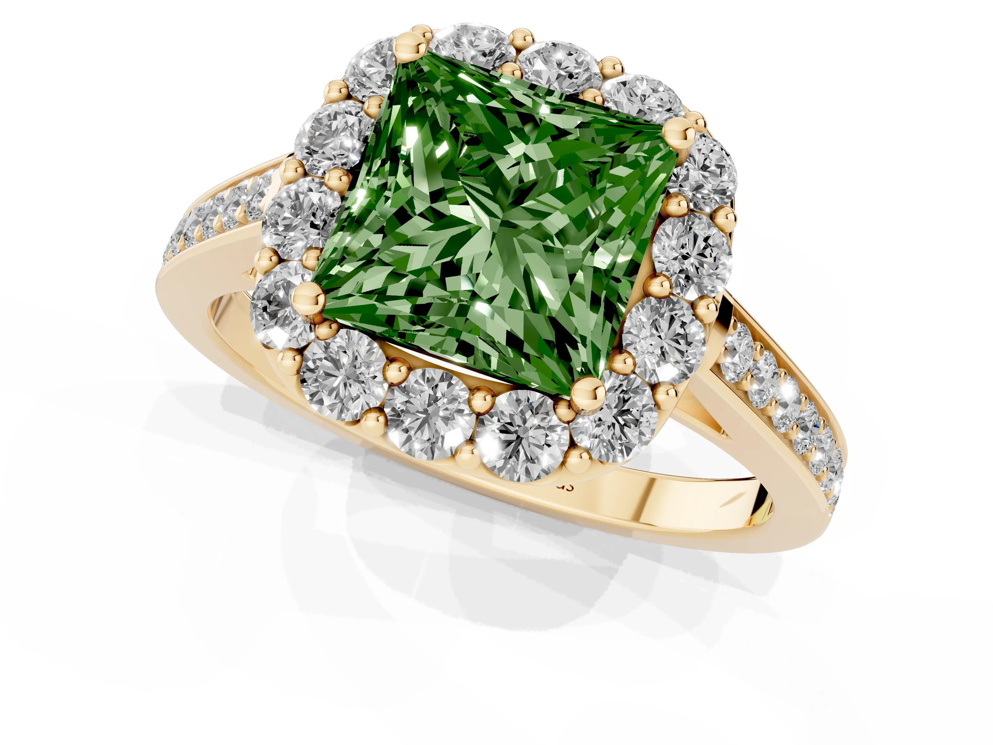 Fancy Green Princess Cut Diamond Floral Halo Ring Set in Yellow gold with Pavé Band and Prong Setting