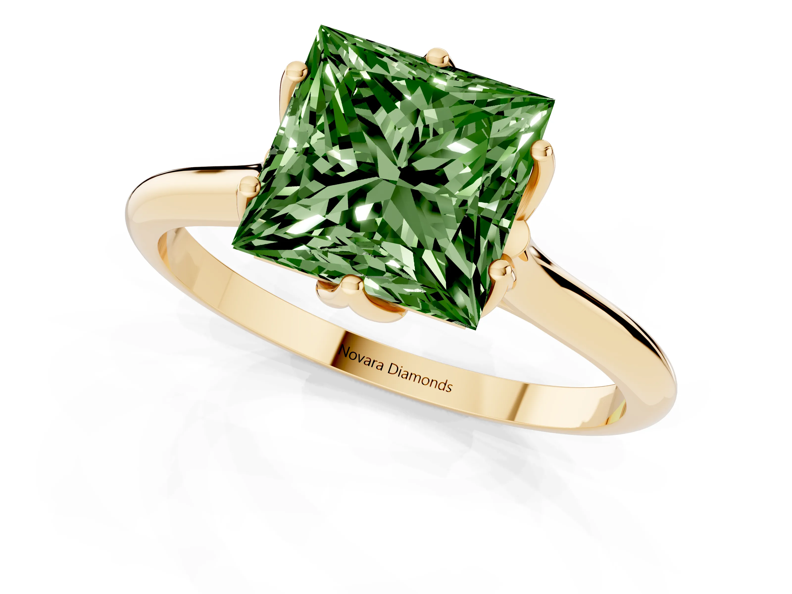 Fancy Green Princess Cut Diamond Solitaire Cathedral Ring Set in Yellow gold with Prong Setting