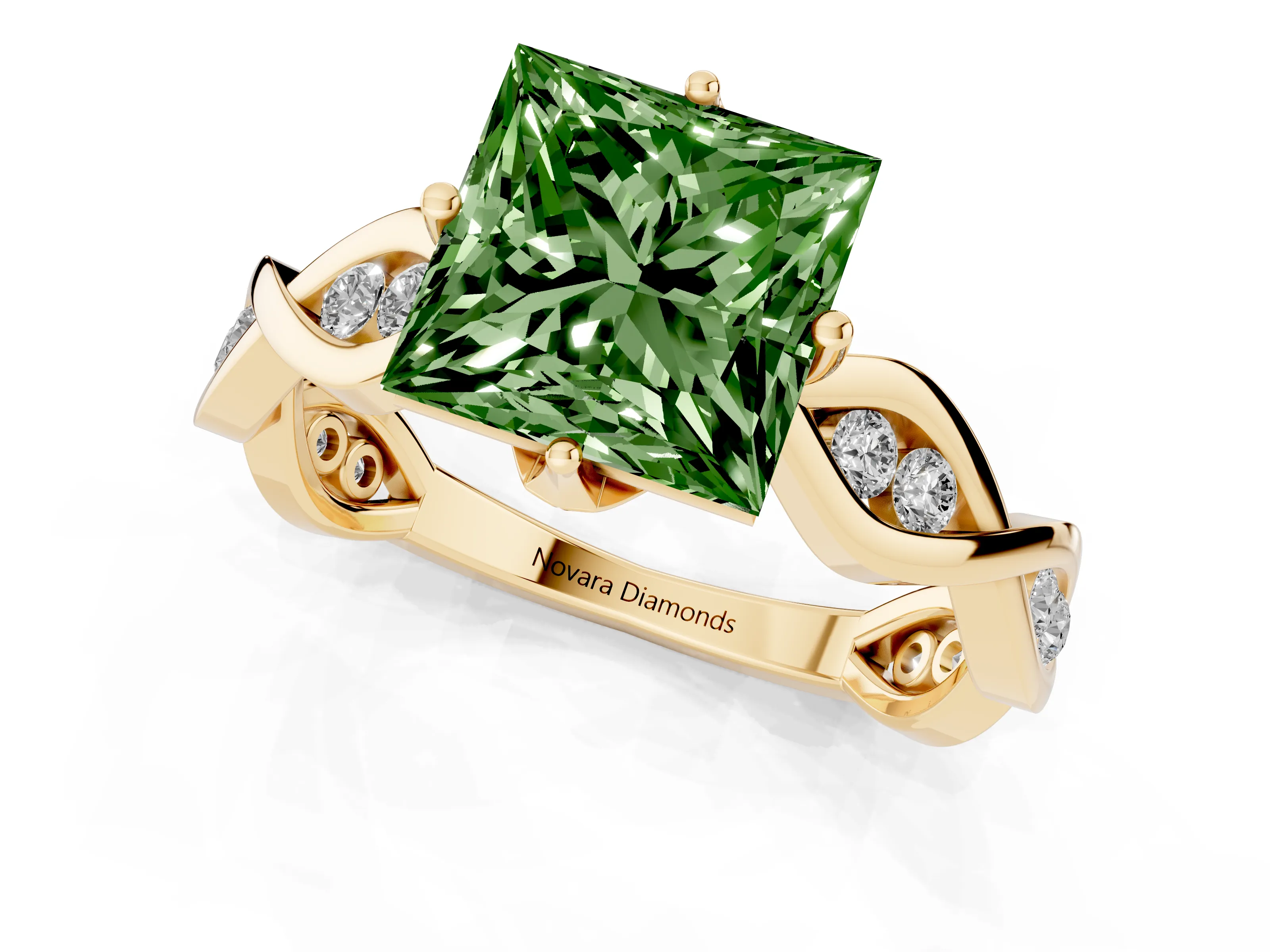 Fancy Green Princess Cut Diamond Twist Band Solitaire Ring Set in Yellow gold with Leaf Prong Setting and Accent Stones