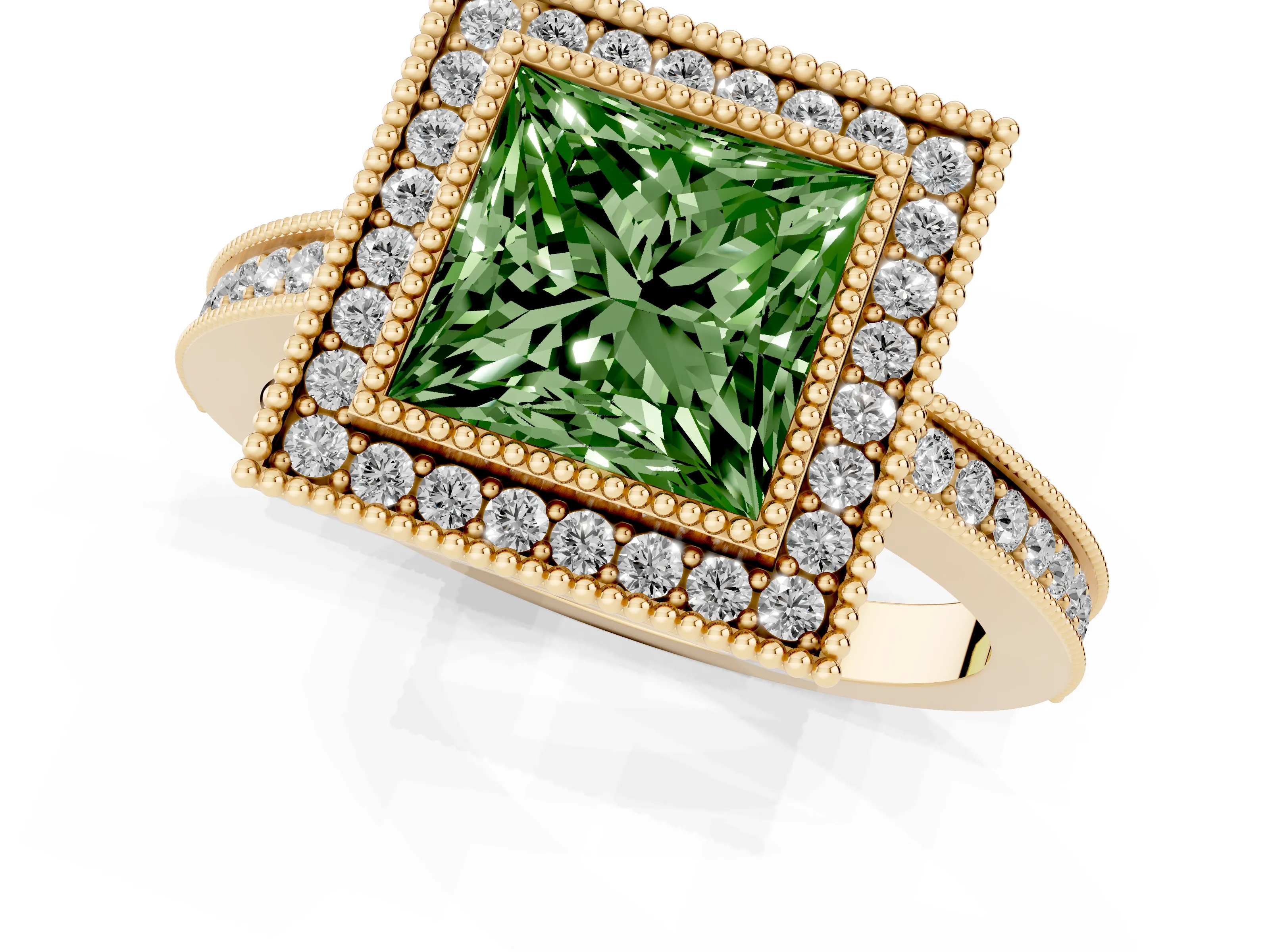 Fancy Green Princess Cut Diamond Halo Ring Set in Yellow gold with Pavé Band and Milgrain-Edged Prongs