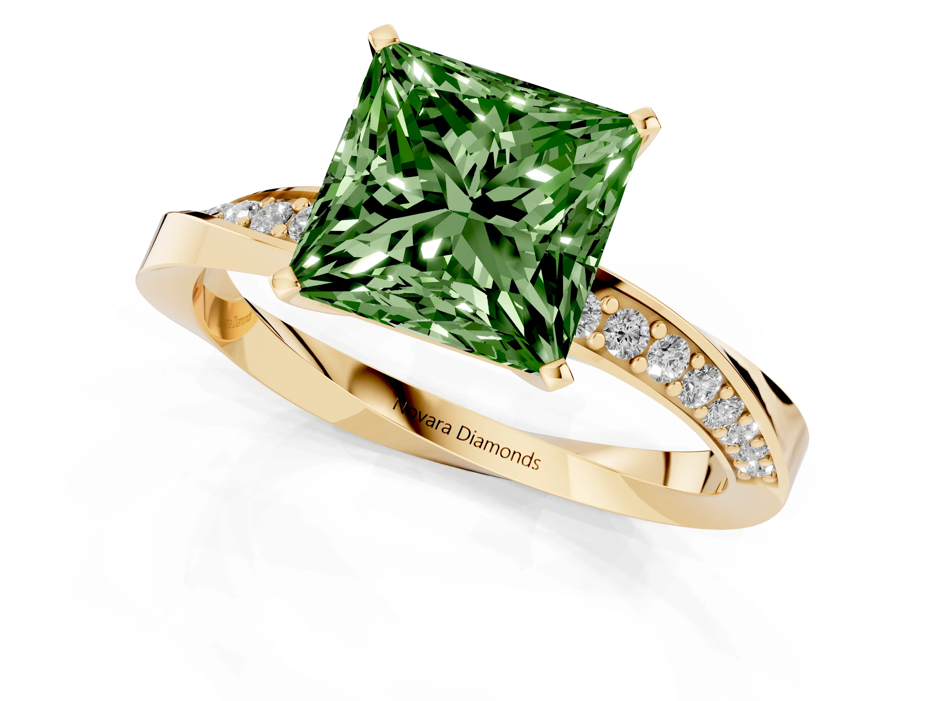 Fancy Green Princess Cut Diamond Engagement Ring Set in Yellow gold with Side Stone Accents and Prong Setting