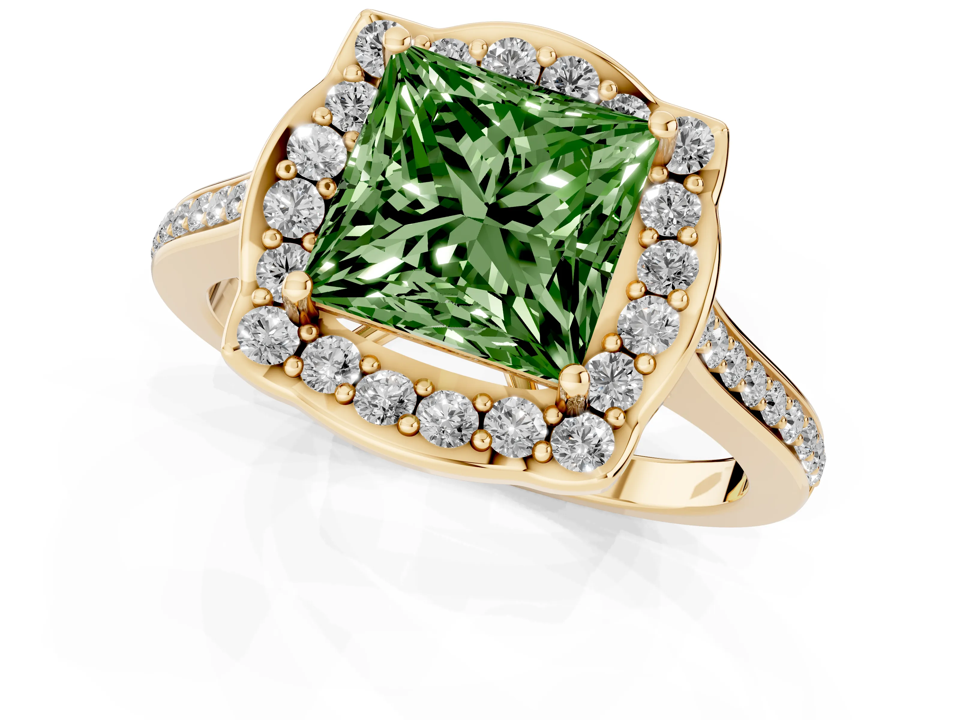 Fancy Green Princess Cut Diamond Halo Ring Set in Yellow gold with Pavé-Lined Shoulders and Prong Setting