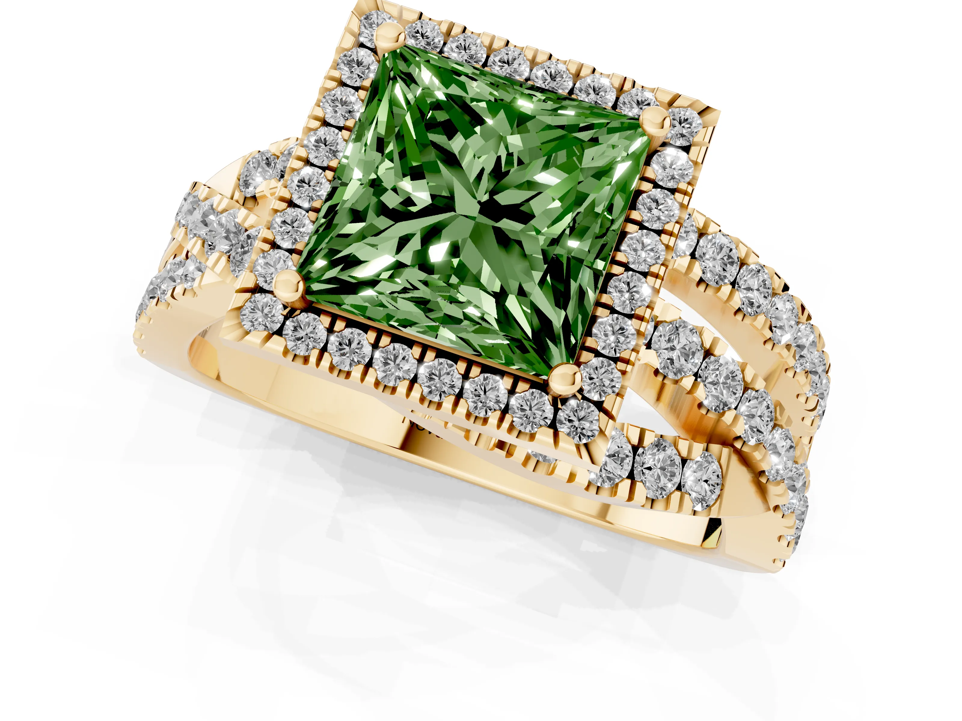 Fancy Green Princess Cut Diamond Halo Ring Set in Yellow gold with Round Crossover Split Shank and Prong Setting