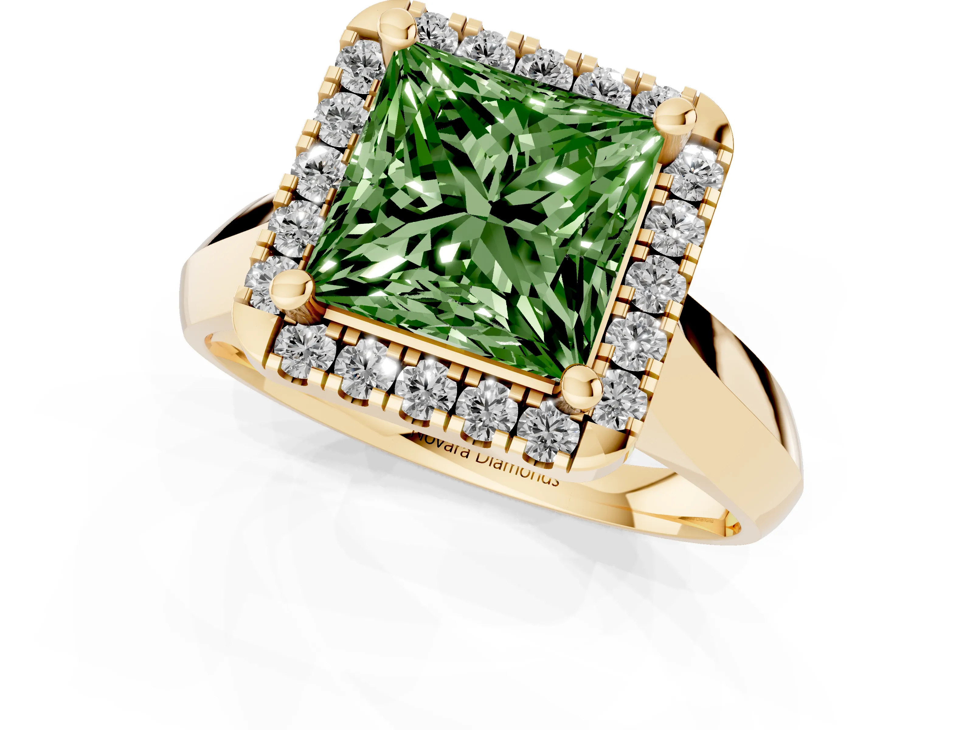 Fancy Green Princess Cut Diamond Halo Solitaire Engagement Ring Set in Yellow gold with Square Band and Prong Setting