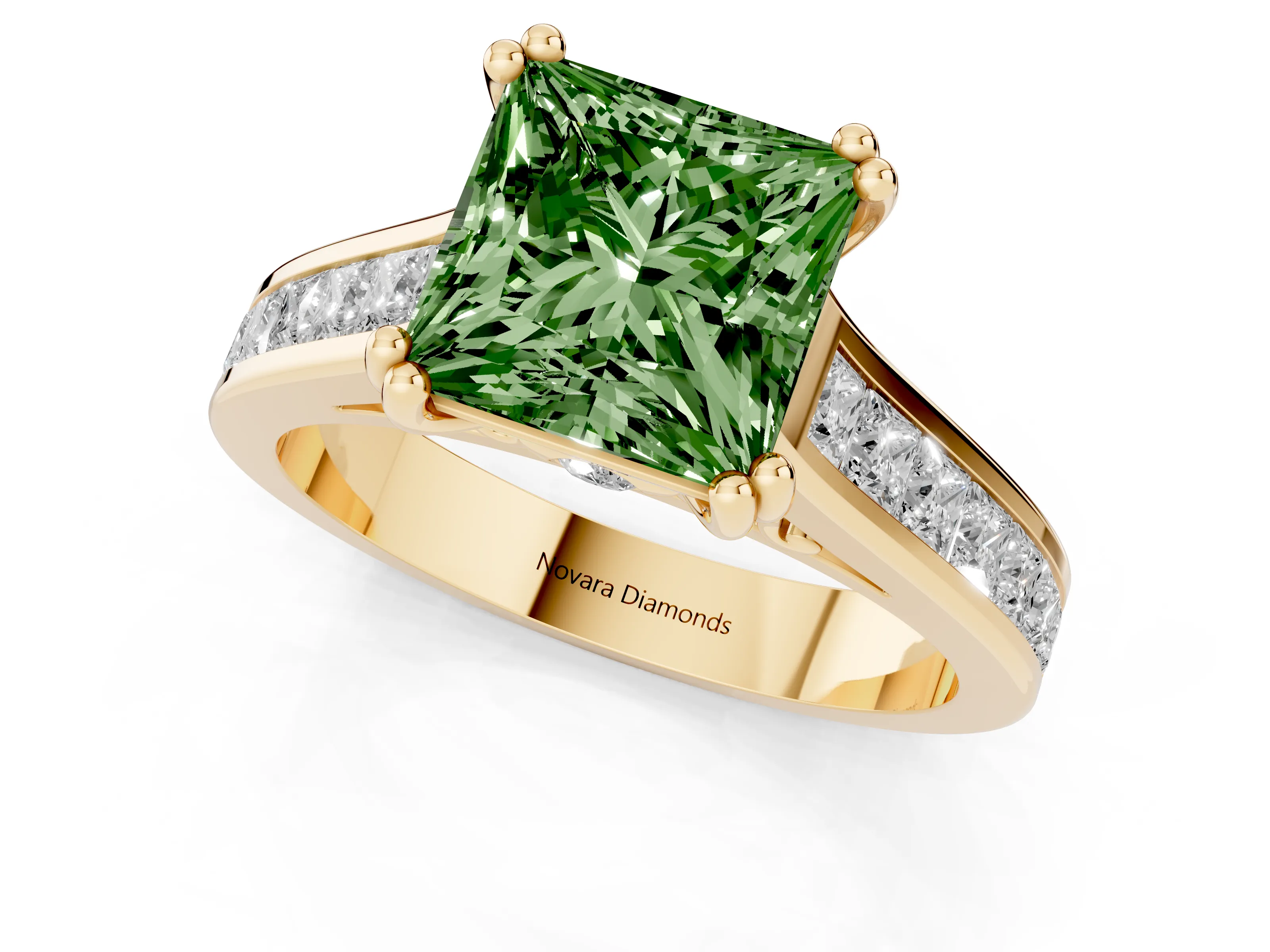Fancy Green Princess Cut Diamond Channel Set Solitaire Engagement Ring Set in Yellow gold with Prong Setting