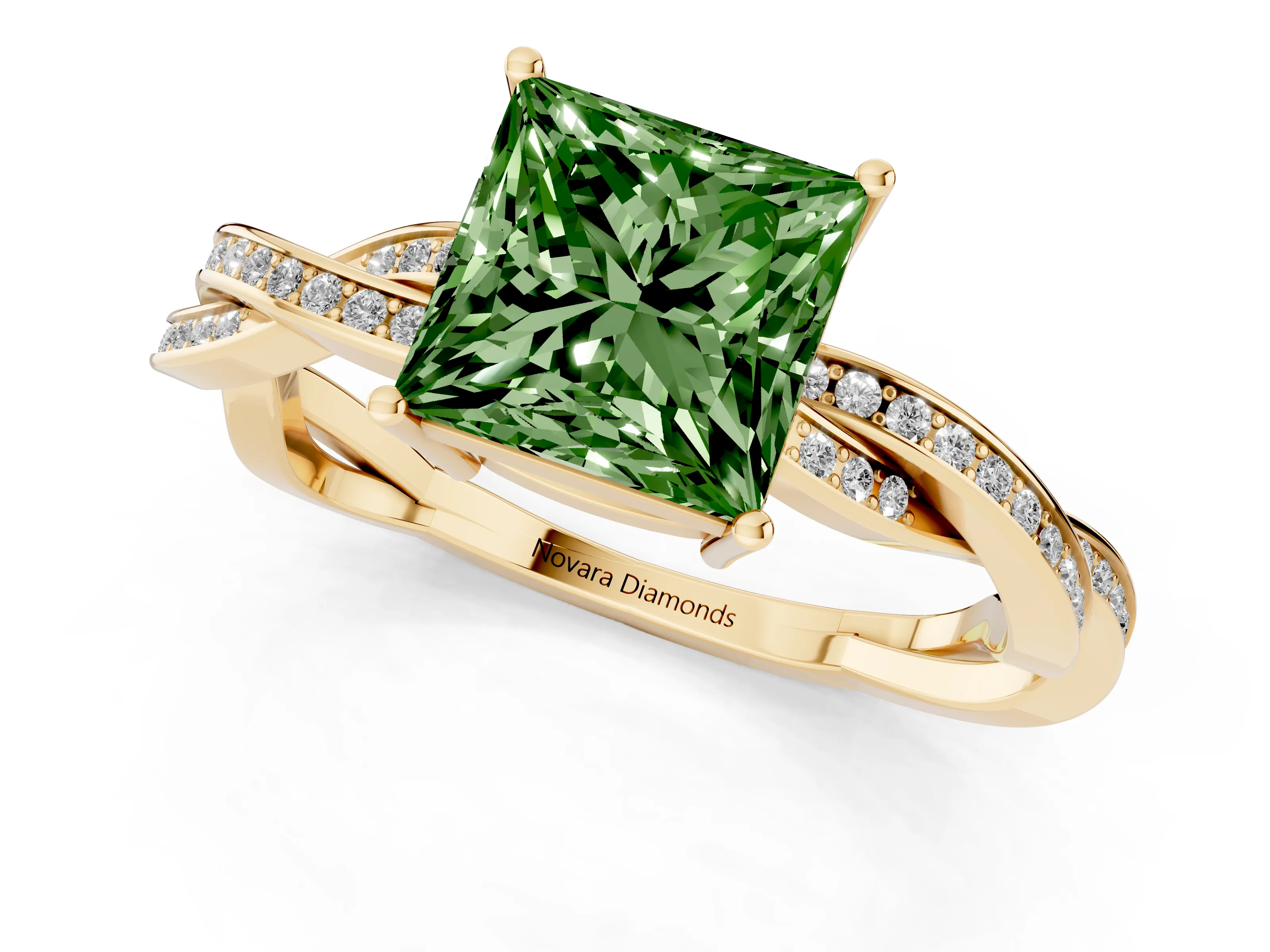 Fancy Green Princess Cut Diamond Solitaire Twisted Pavé Ring Set in Yellow gold with Prong Setting