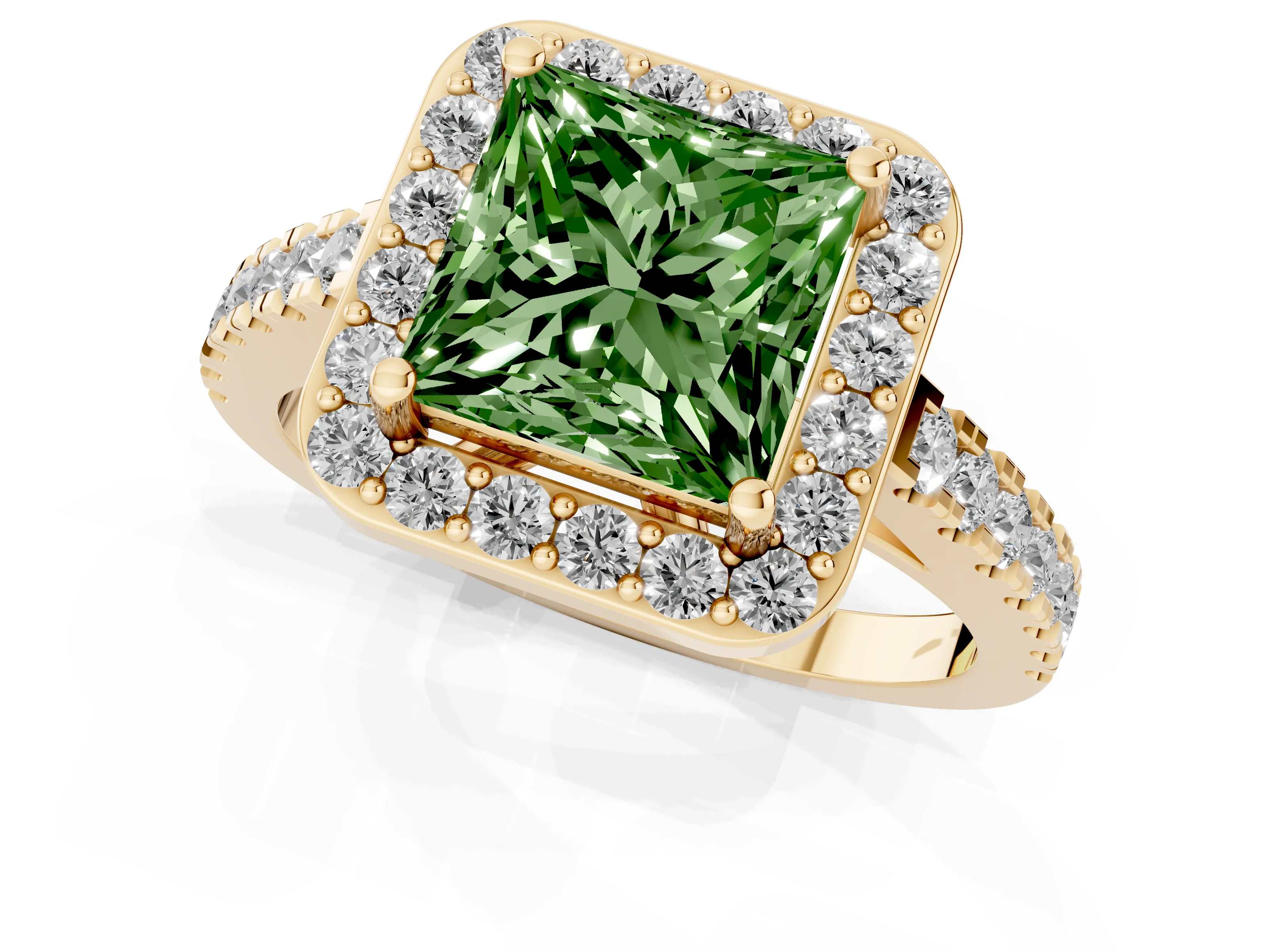 Fancy Green Princess Cut Diamond Halo Ring Set in Yellow gold with Round Pavé Split Shank and Prong Setting