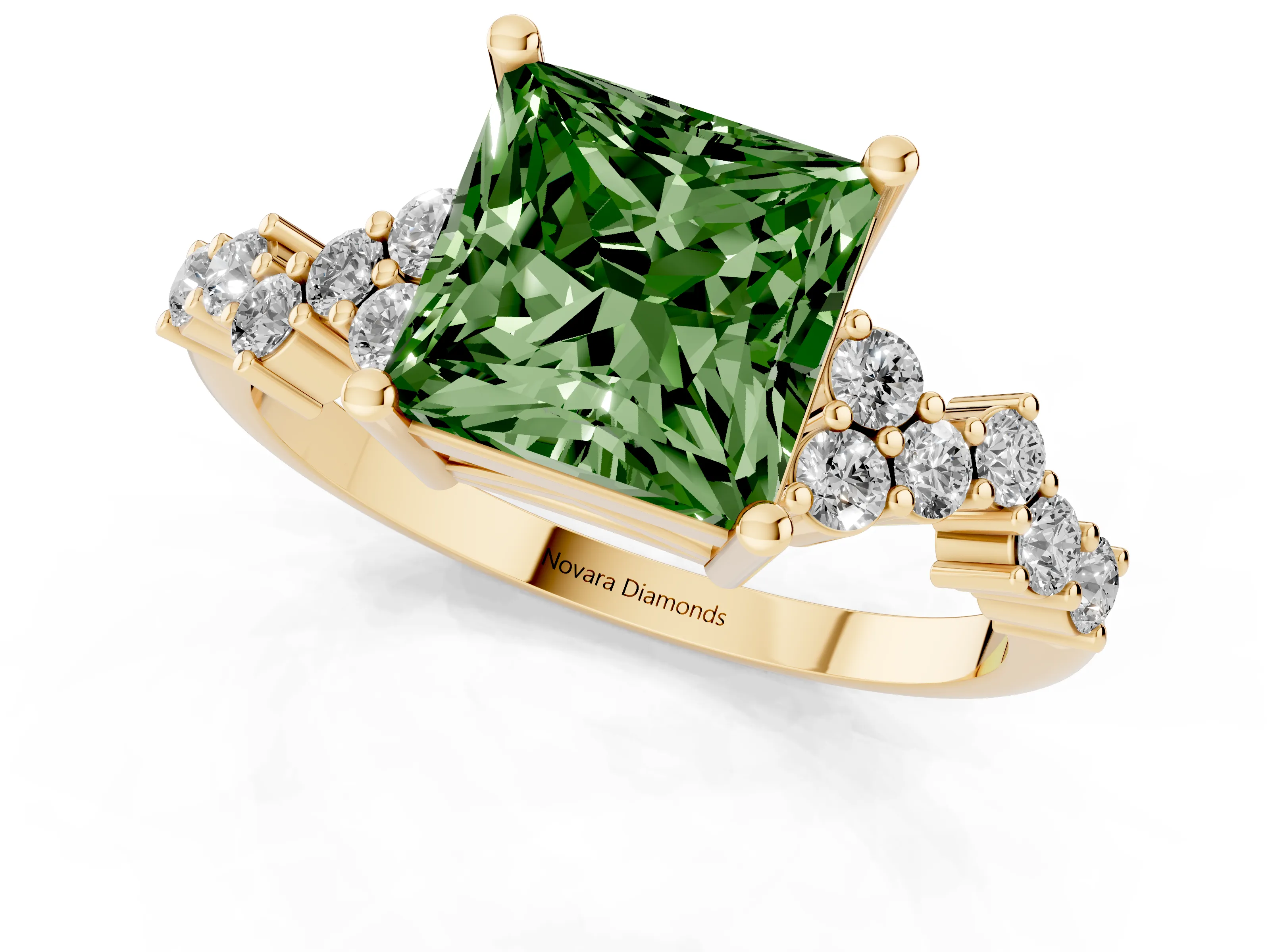 Fancy Green Princess Cut Diamond Ring Set in Yellow gold with Scattered Round Accents