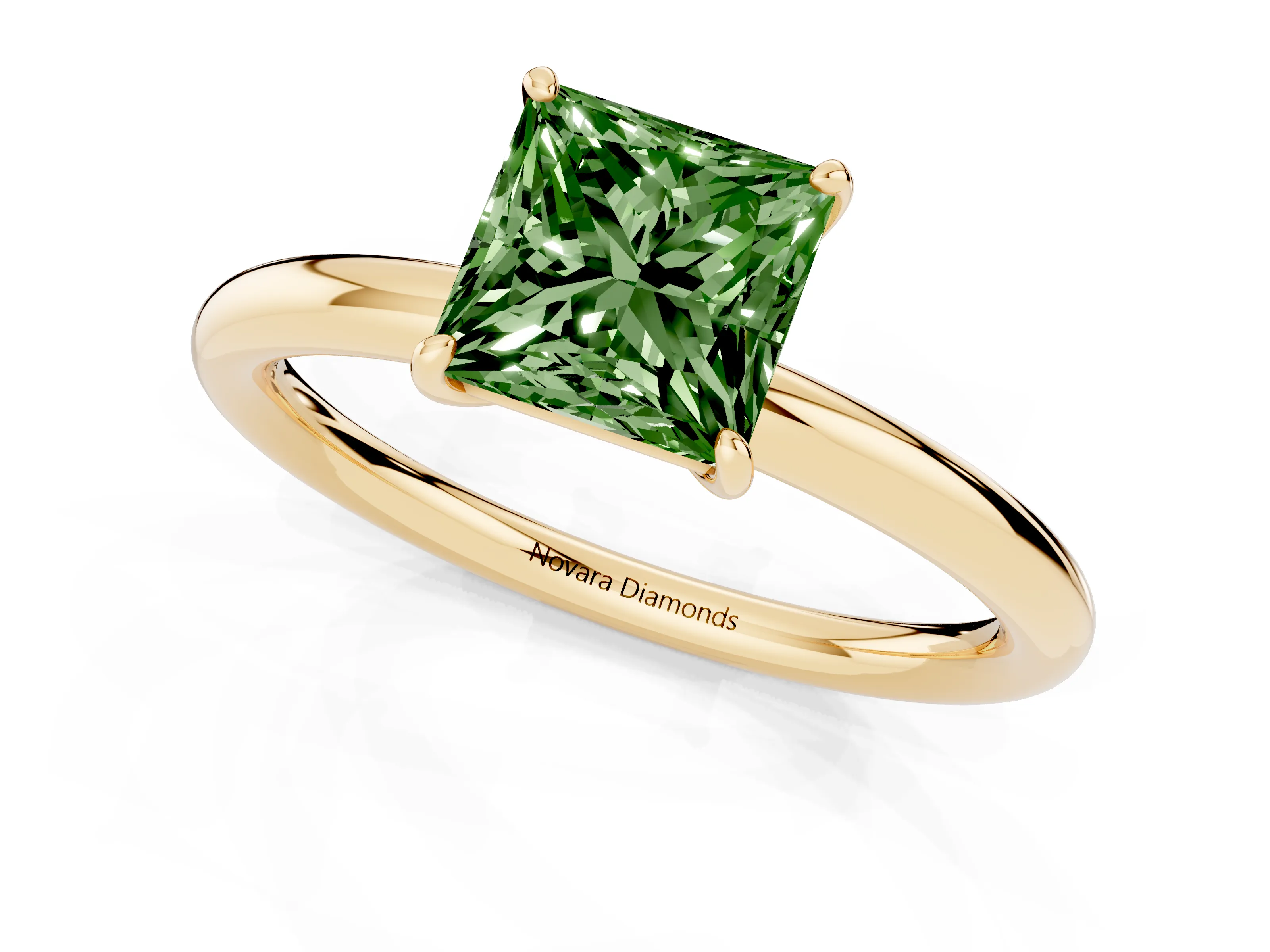 Fancy Green Princess Cut Diamond Solitaire Ring Set in Yellow gold with Prong Setting on a Polished Plain Band