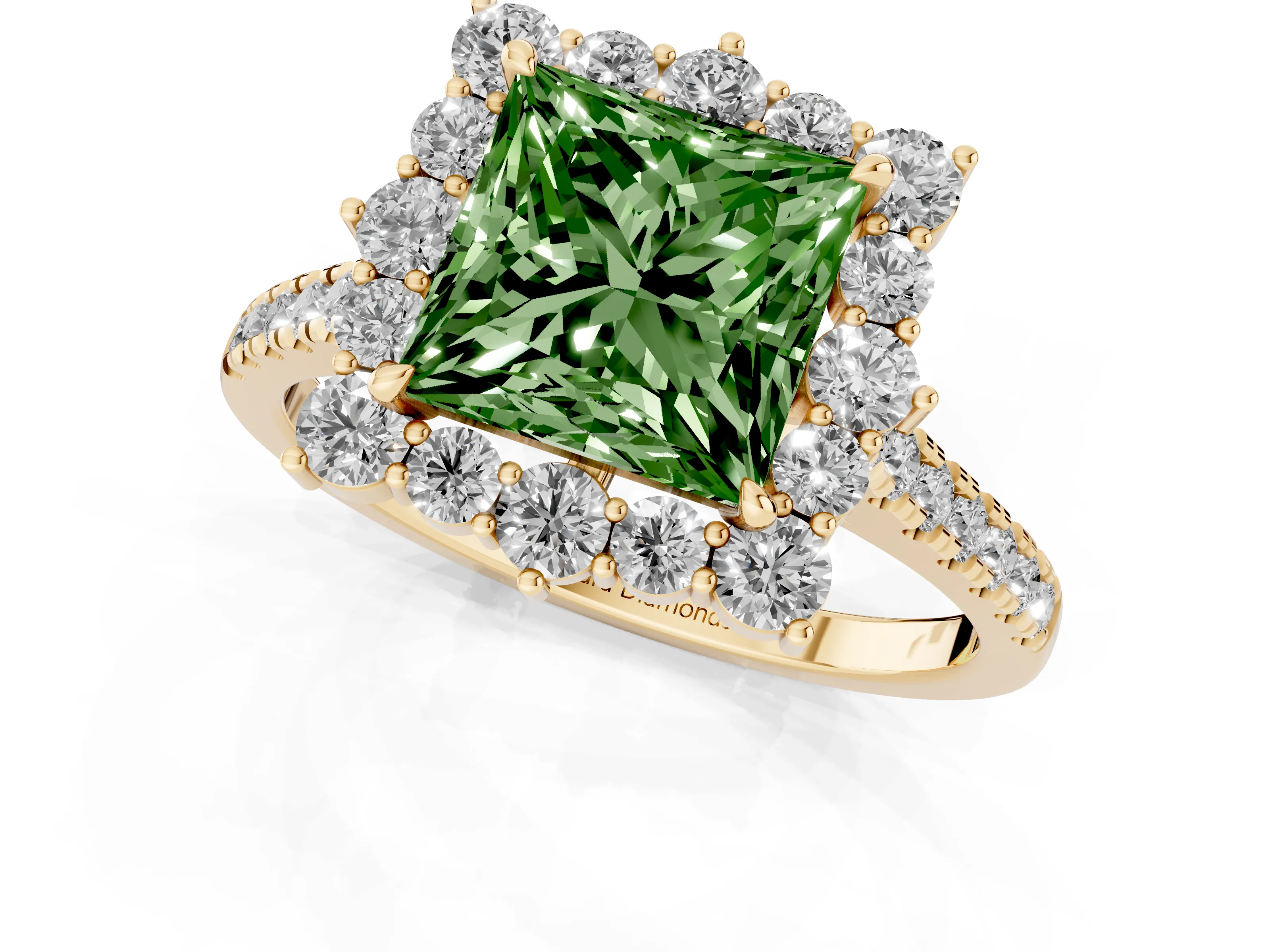 Fancy Green Princess Cut Diamond Halo Ring Set in Yellow gold with Pavé Band and Prong Setting