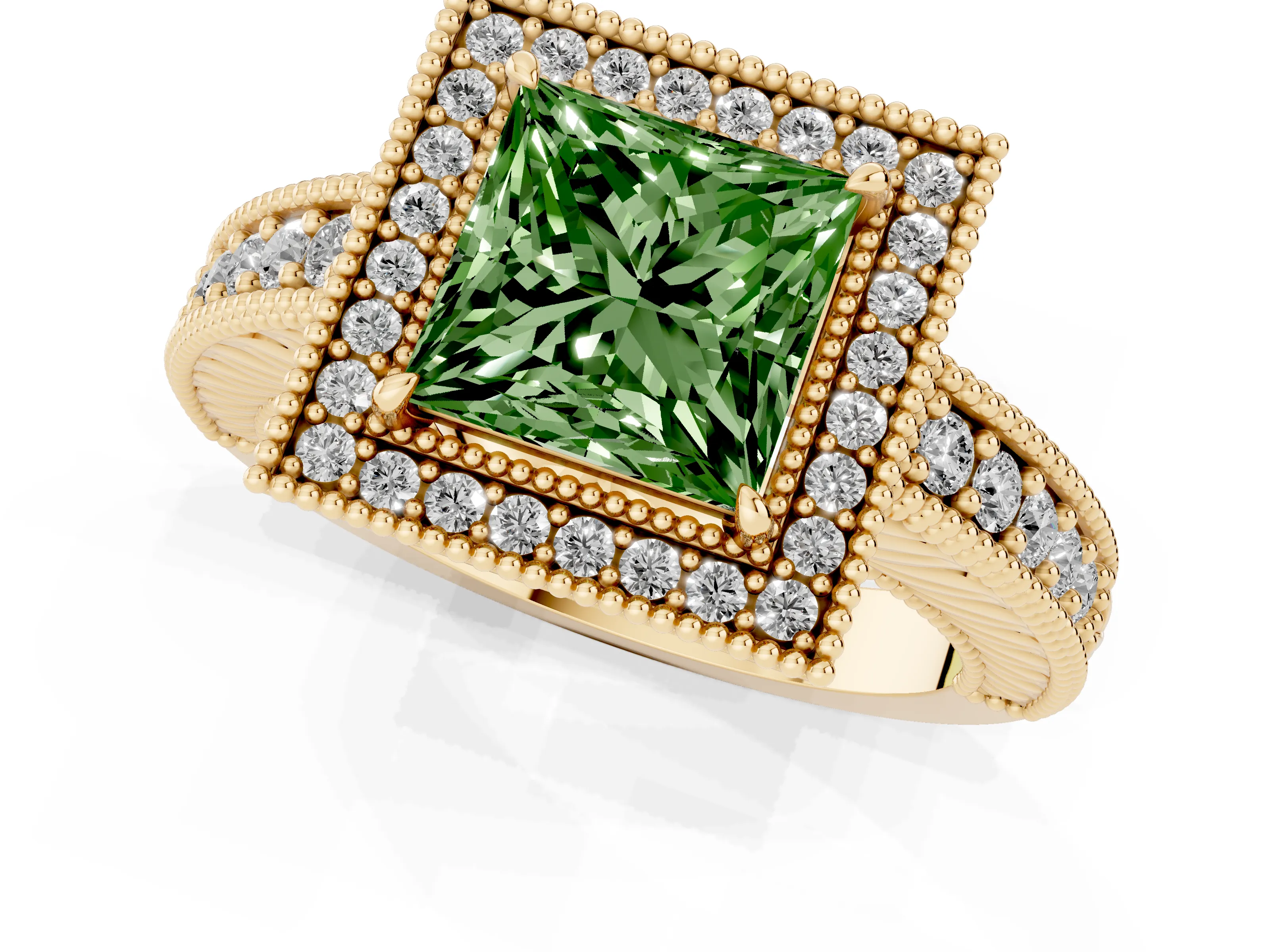 Fancy Green Princess Cut Diamond Halo Ring Set in Yellow gold with Round Accent Halo, Pavé Band and Prong Setting