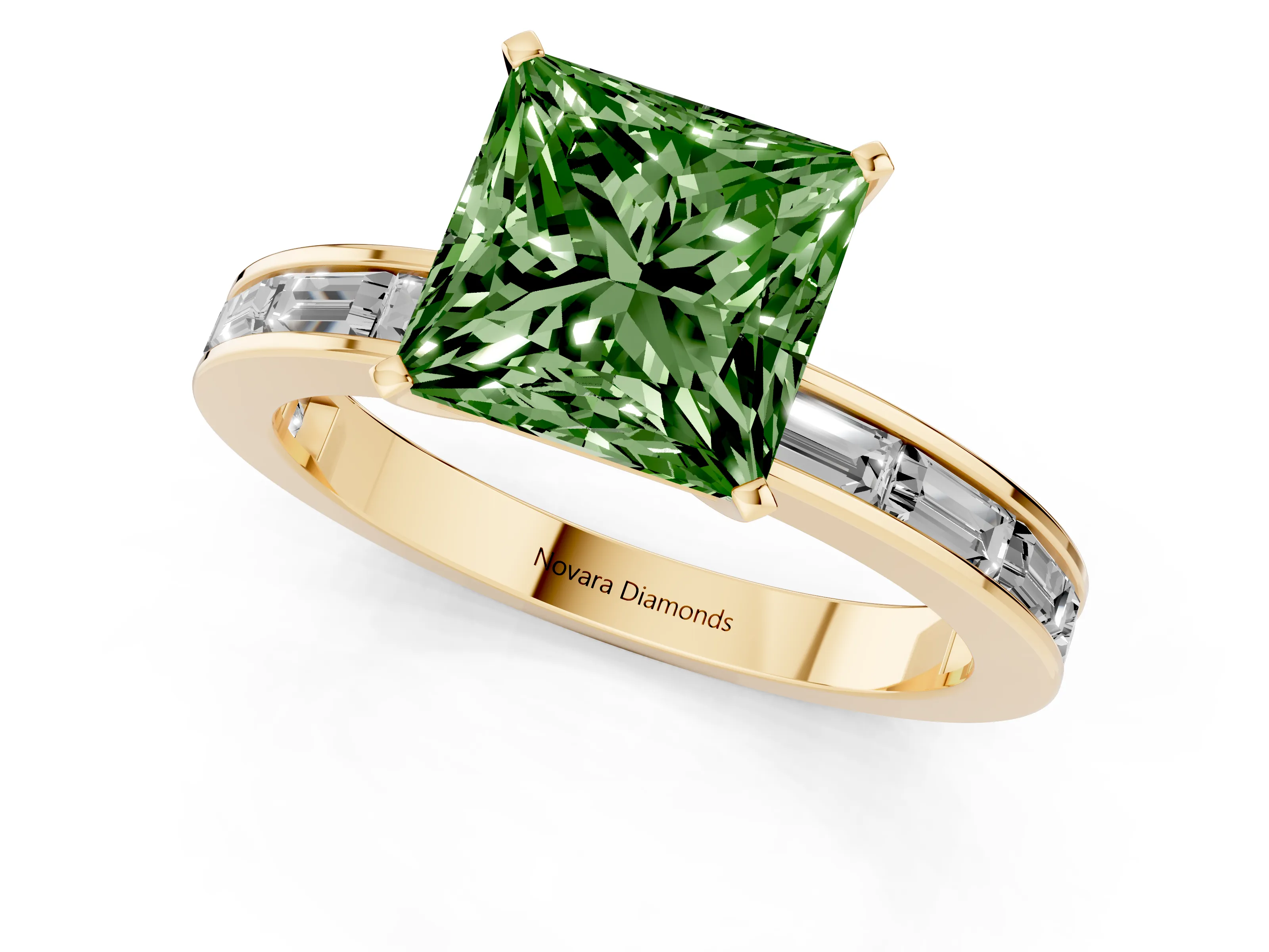 Fancy Green Princess Cut Diamond Solitaire Ring Set in Yellow gold with Channel-Set Baguette Band and Prong Setting