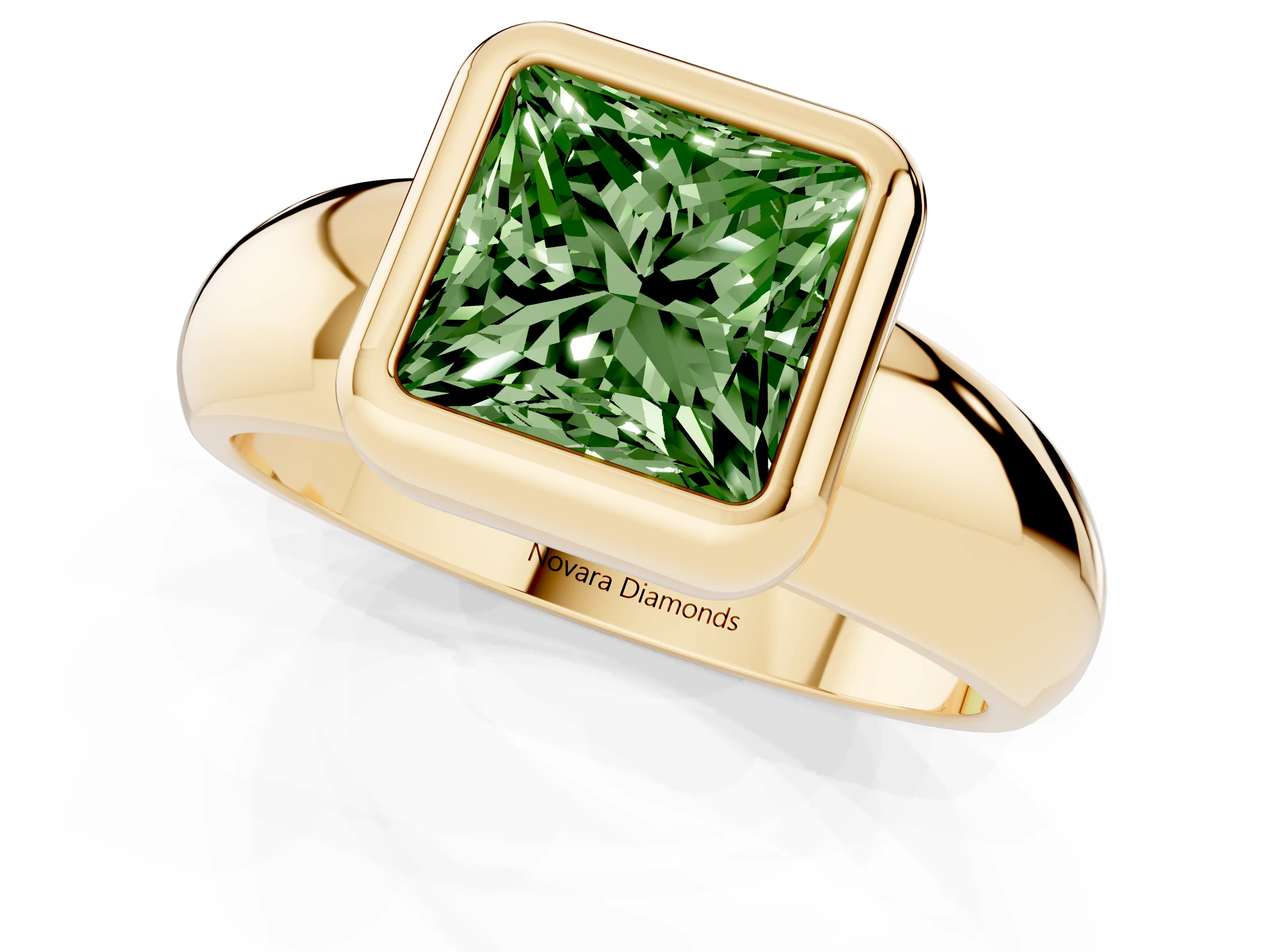 Fancy Green Bezel Set Princess Cut Diamond Solitaire Ring Set in Yellow gold with Wide Band