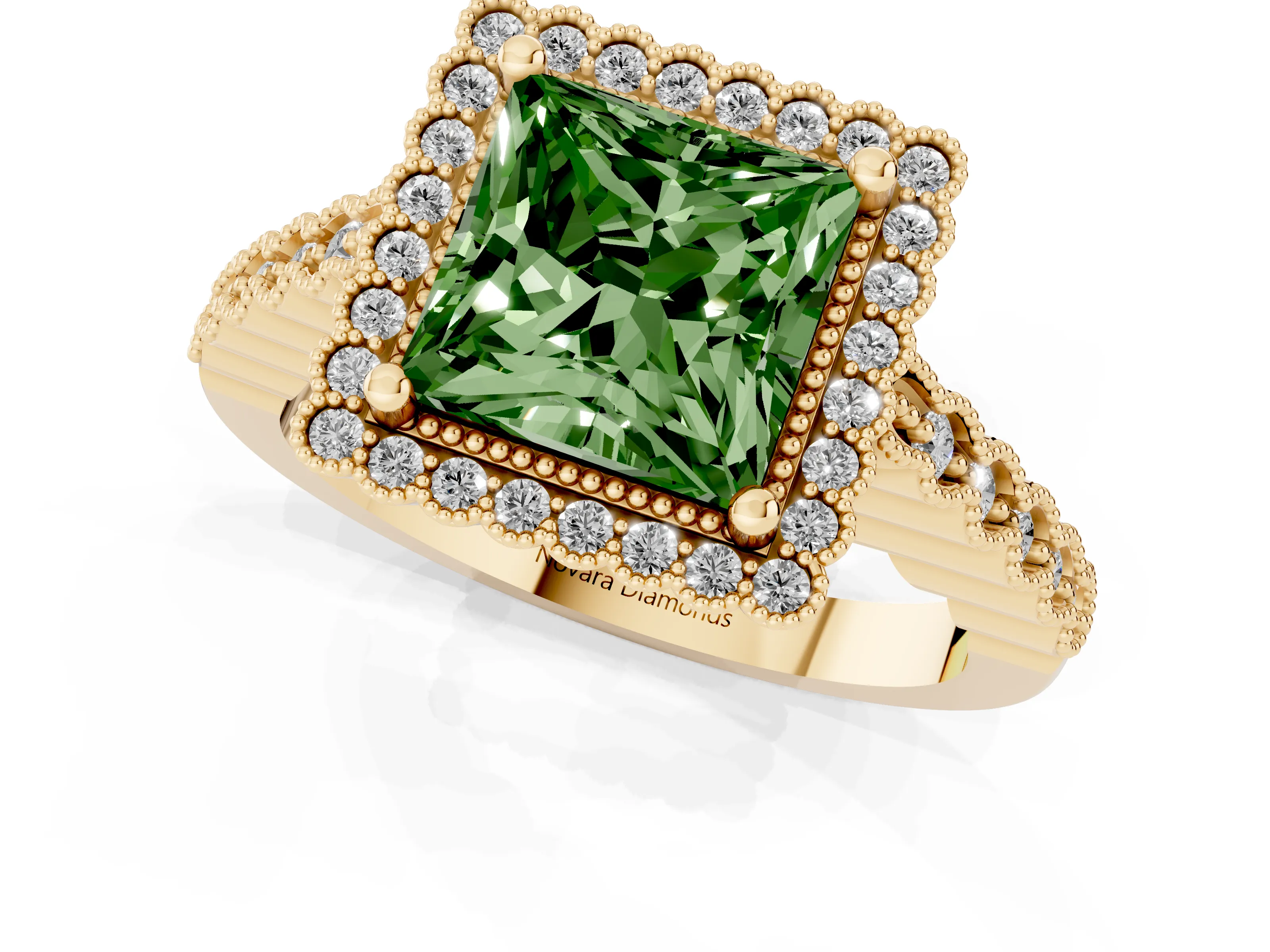 Fancy Green Princess Cut Diamond Halo Ring Set in Yellow gold with Pavé Milgrain Band