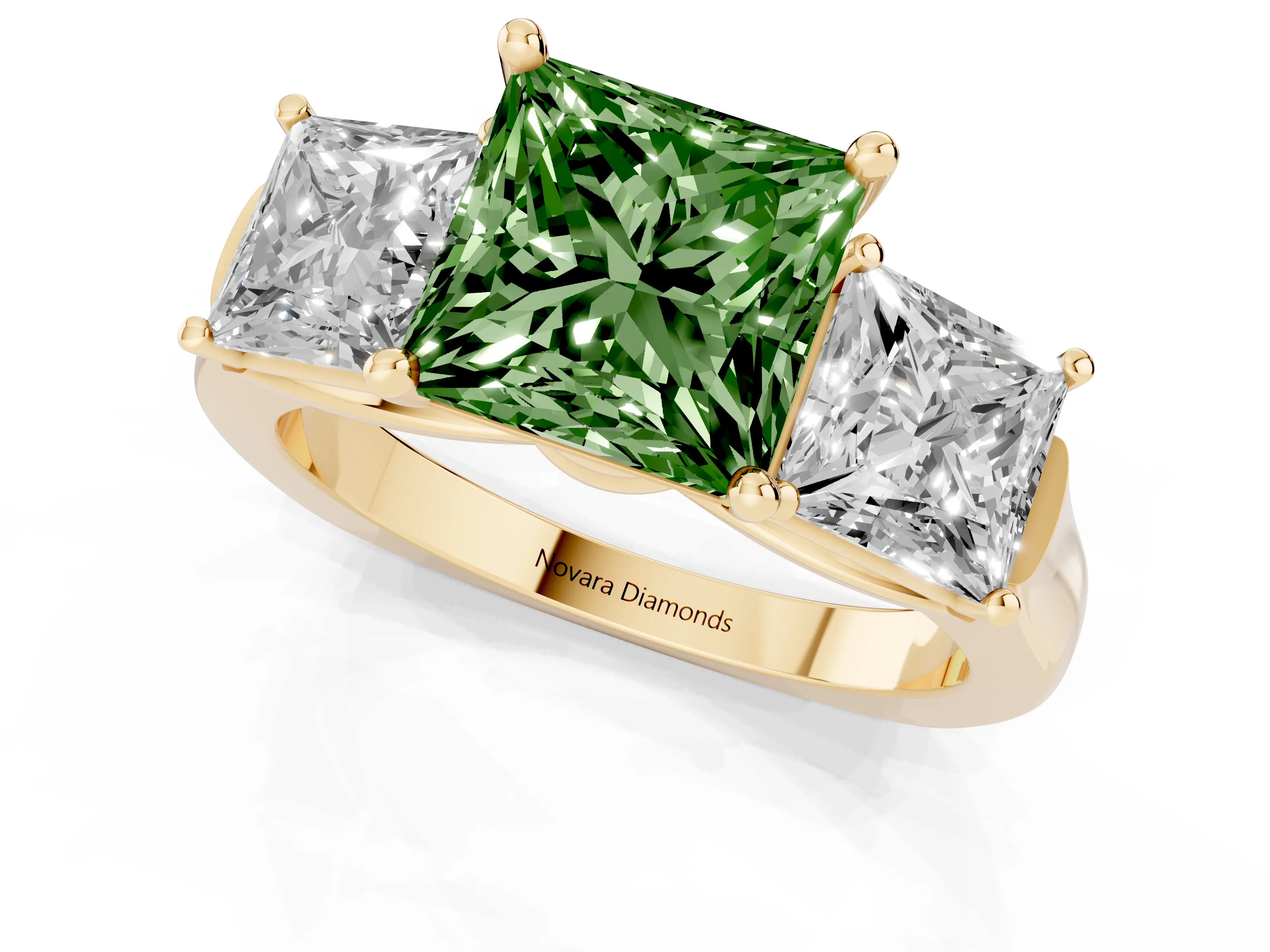 Fancy Green Princess Cut Diamond Three-Stone Trellis Ring Set in Yellow gold with Comfort Fit Band