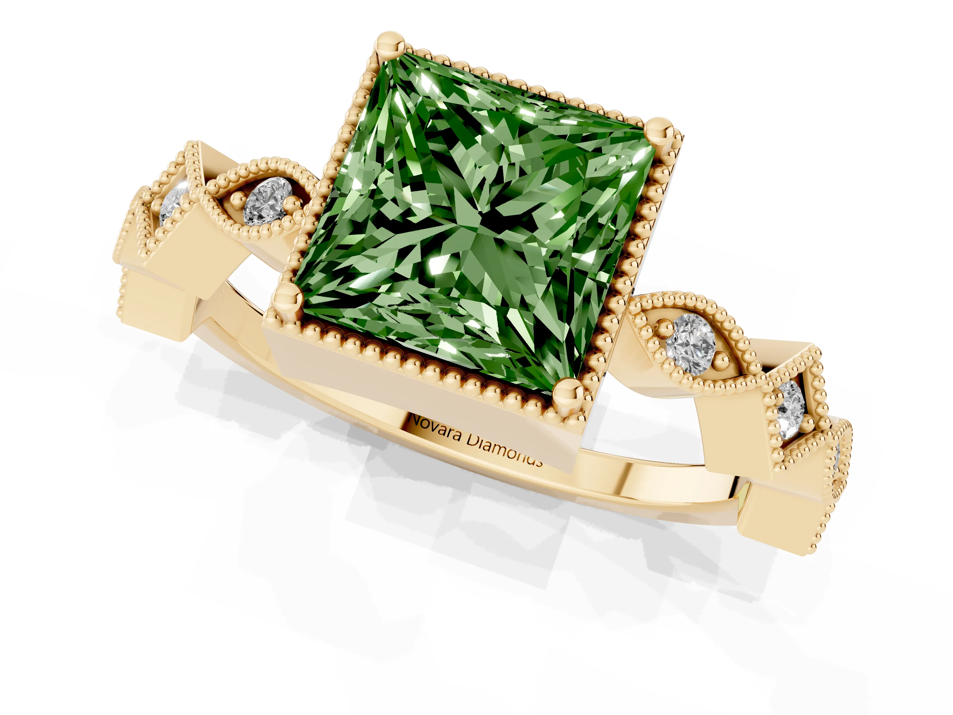 Fancy Green Princess Cut Diamond Milgrain Marquise Twist Band Ring Set in Yellow gold with Prong Setting