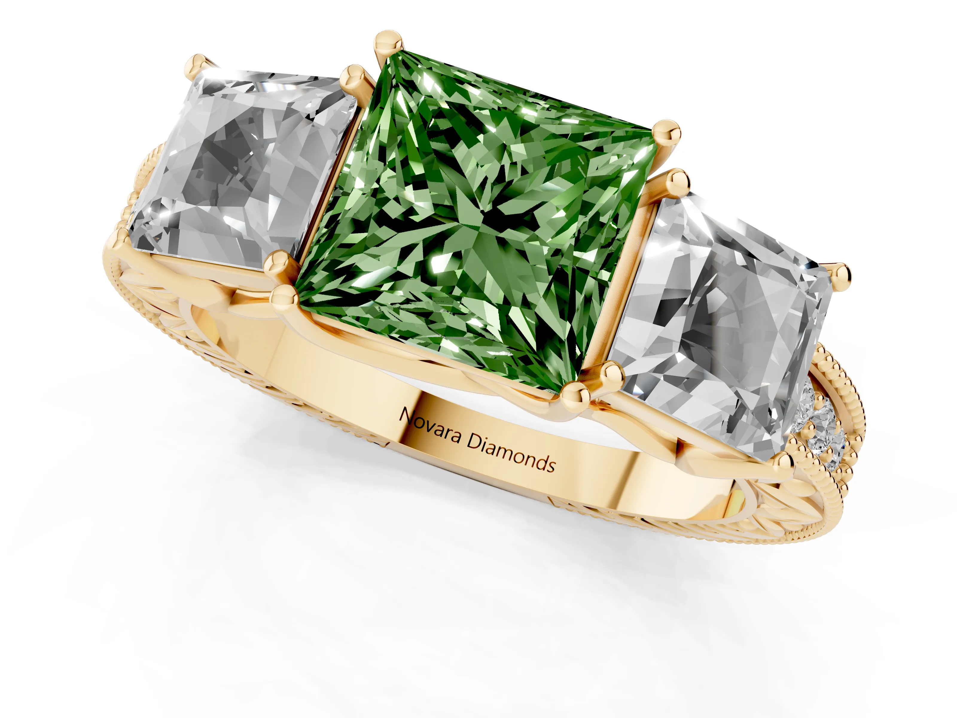 Fancy Green Princess Cut Diamond Three-Stone Engagement Ring Set in Yellow gold with Milgrain Pavé Band