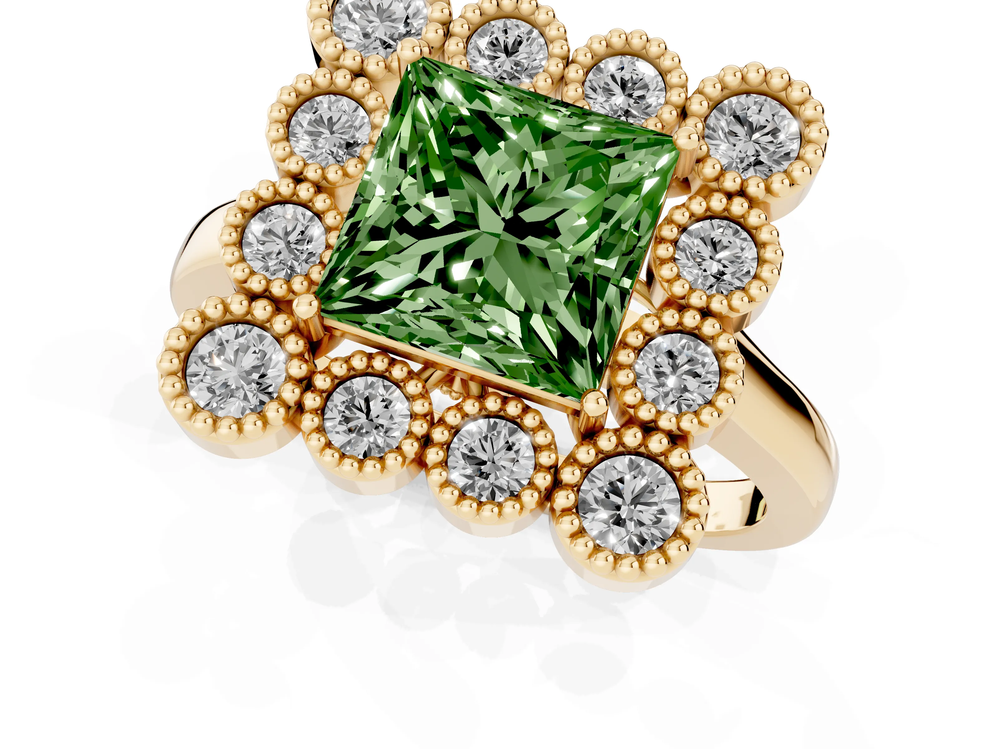 Fancy Green Princess Cut Diamond Cluster Halo Ring Set in Yellow gold with Milgrain Bezel Accents and Plain Band