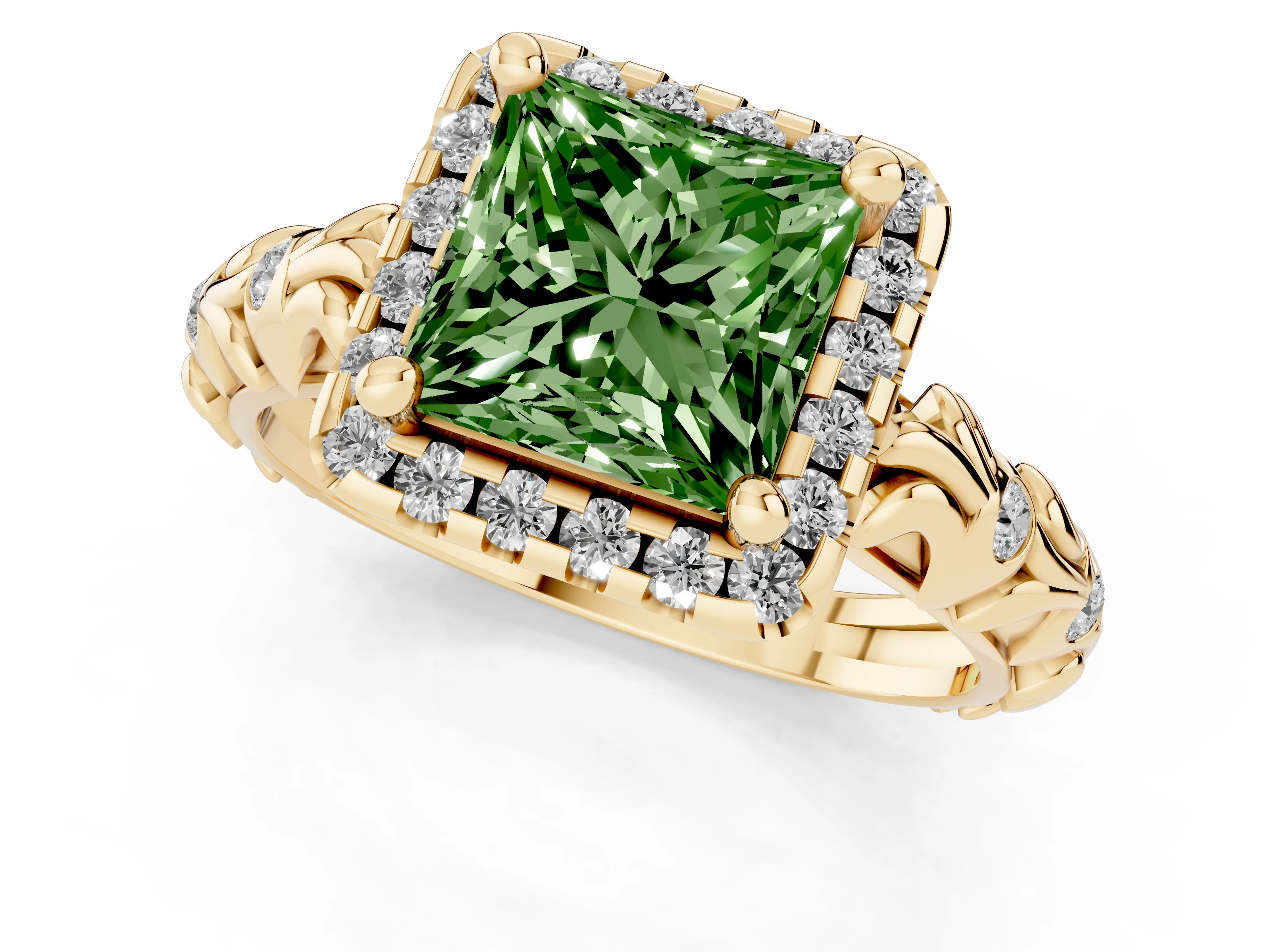 Fancy Green Princess Cut Diamond Halo Ring Set in Yellow gold with Filigree Leaf Band and Prong Setting