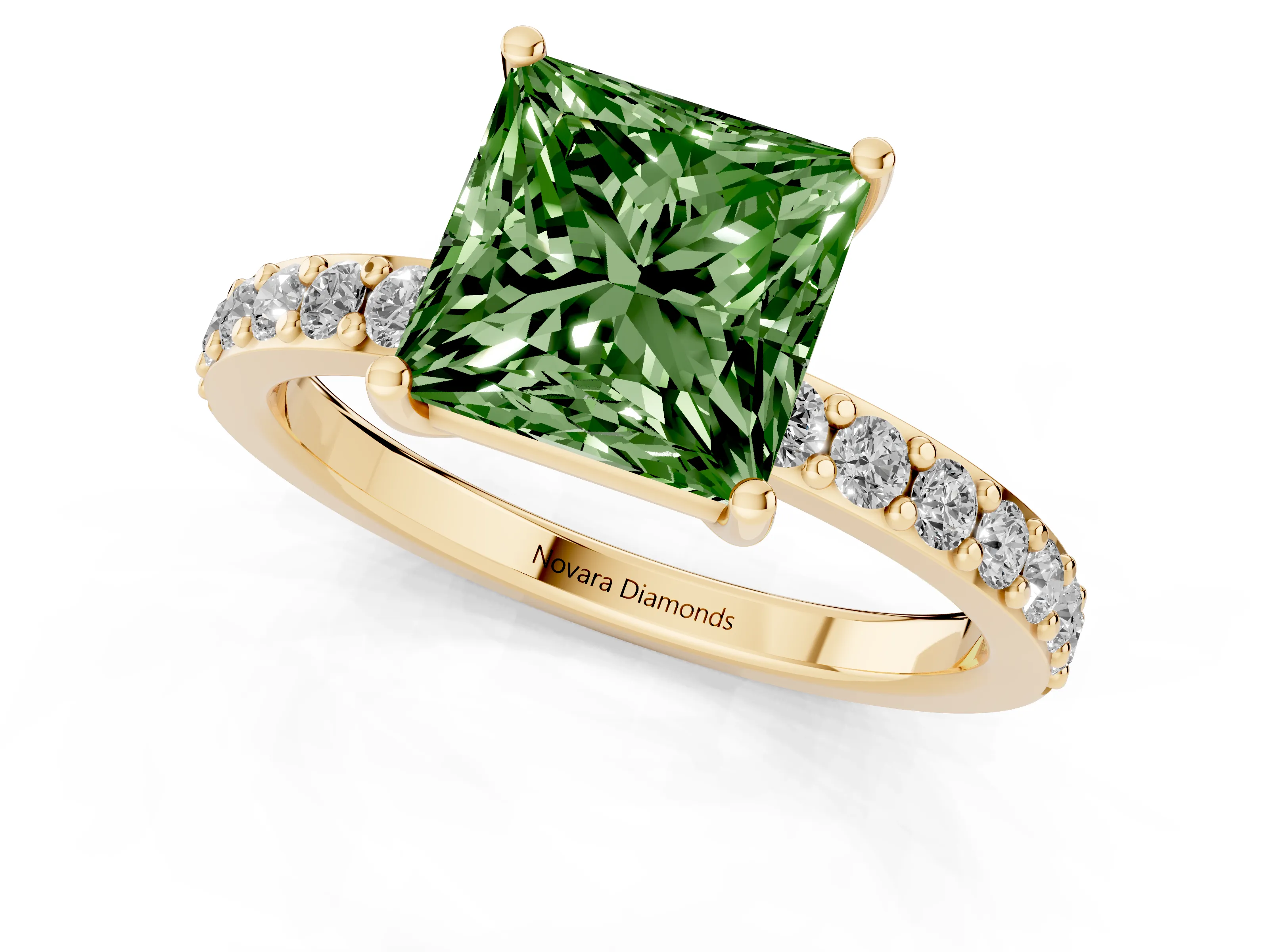 Fancy Green Princess Cut Diamond Solitaire Set in Yellow gold with Round Pavé Band and Prong Setting