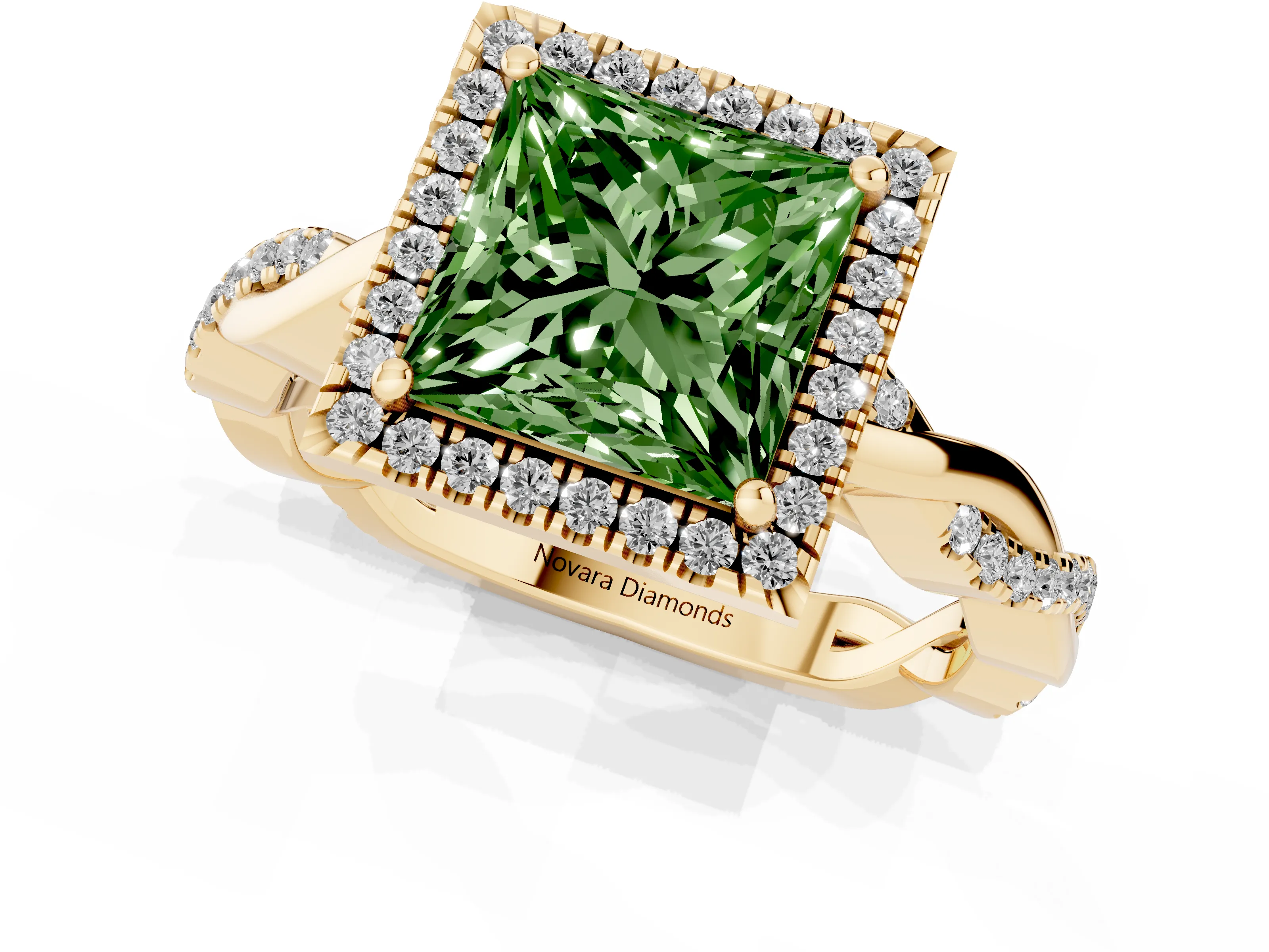 Fancy Green Princess Cut Diamond Halo Twisted Band Ring Set in Yellow gold with Prong Setting