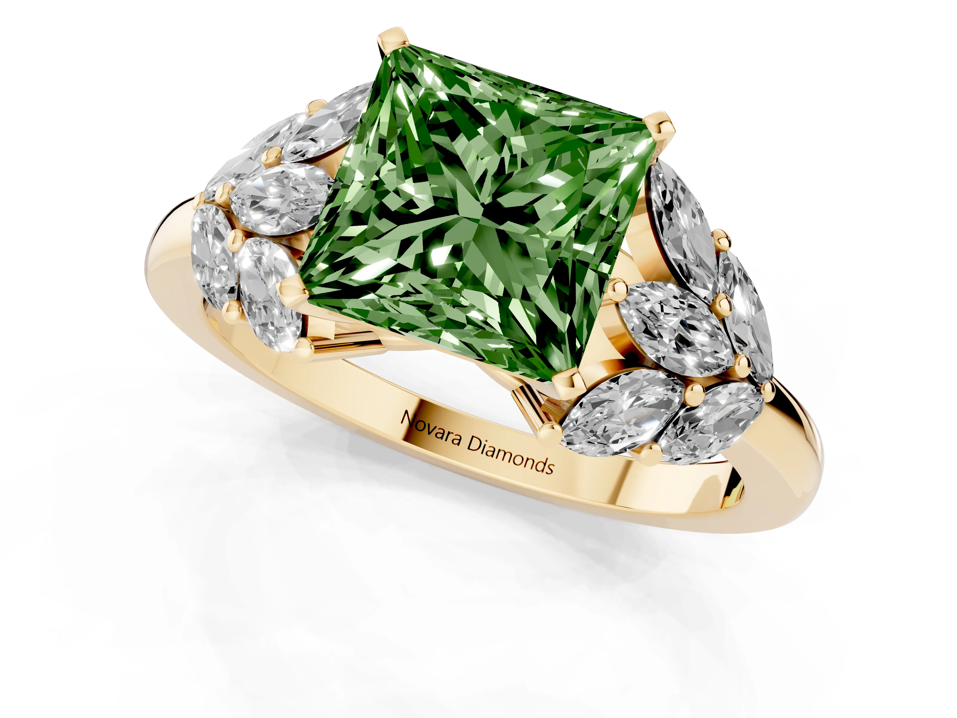 Fancy Green Princess Cut Diamond Cluster Leaf Design Ring Set in Yellow gold with Prong Setting