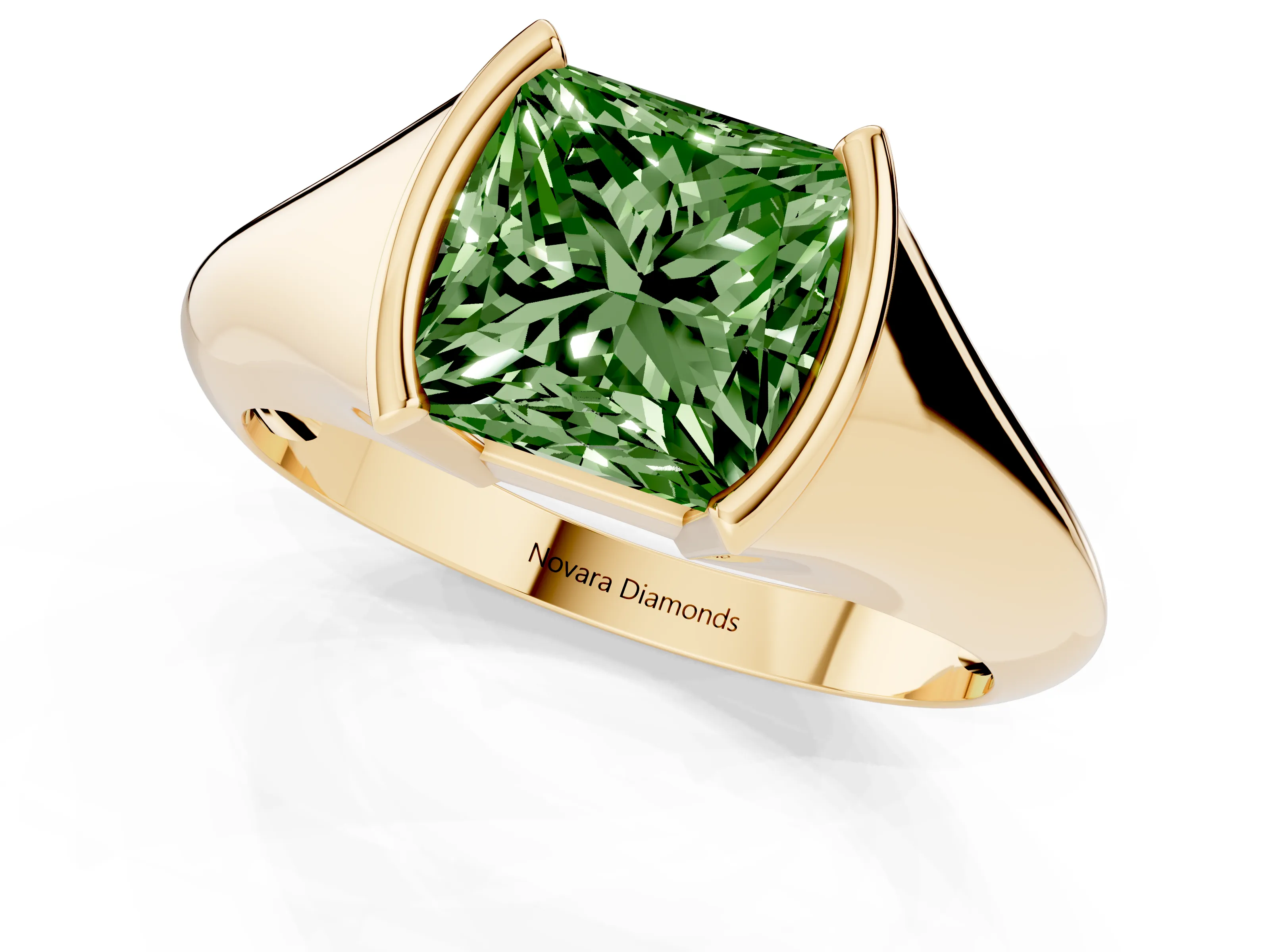 Fancy Green Princess Cut Diamond Solitaire Tension Set Ring Set in Yellow gold