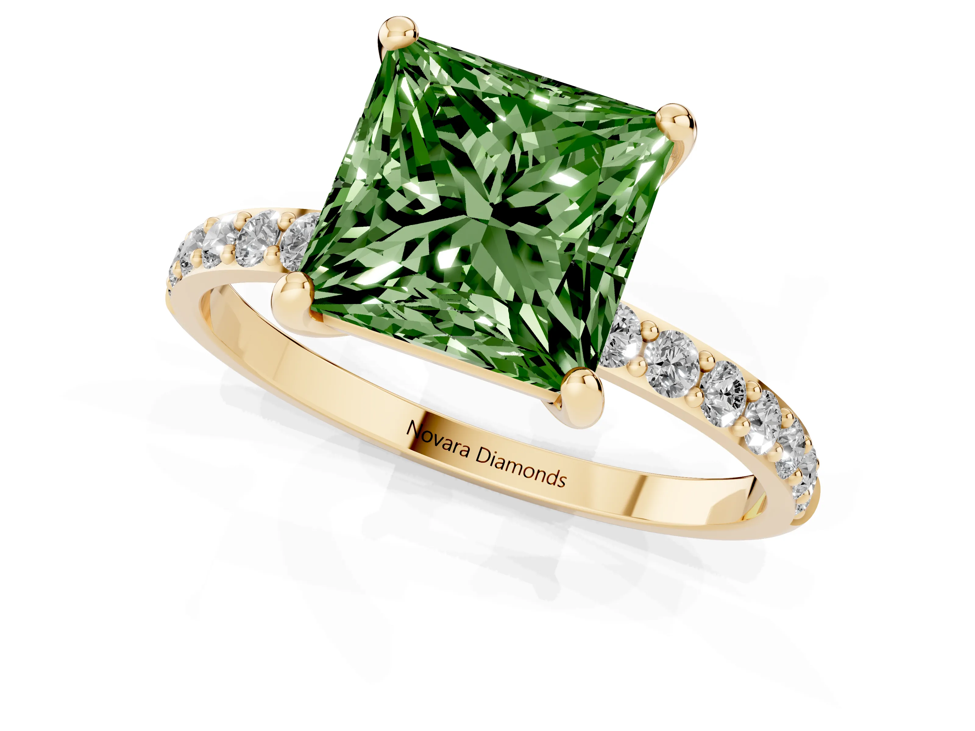 Fancy Green Princess Cut Diamond Solitaire Ring Set in Yellow gold with Round Pavé Band and Prong Setting