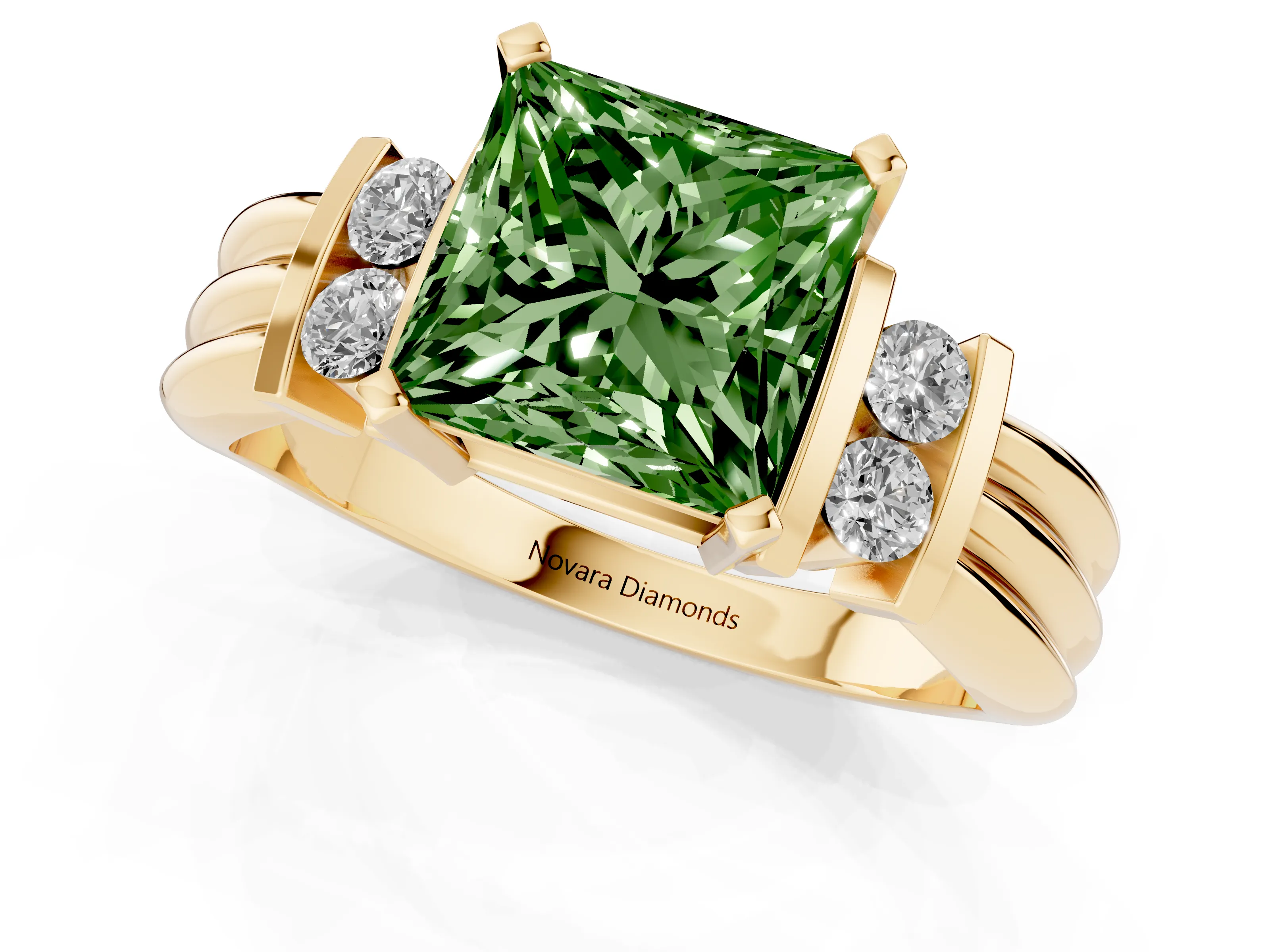Fancy Green Three-Stone Princess Cut Diamond Channel Set Ring Set in Yellow gold with Bar Prongs