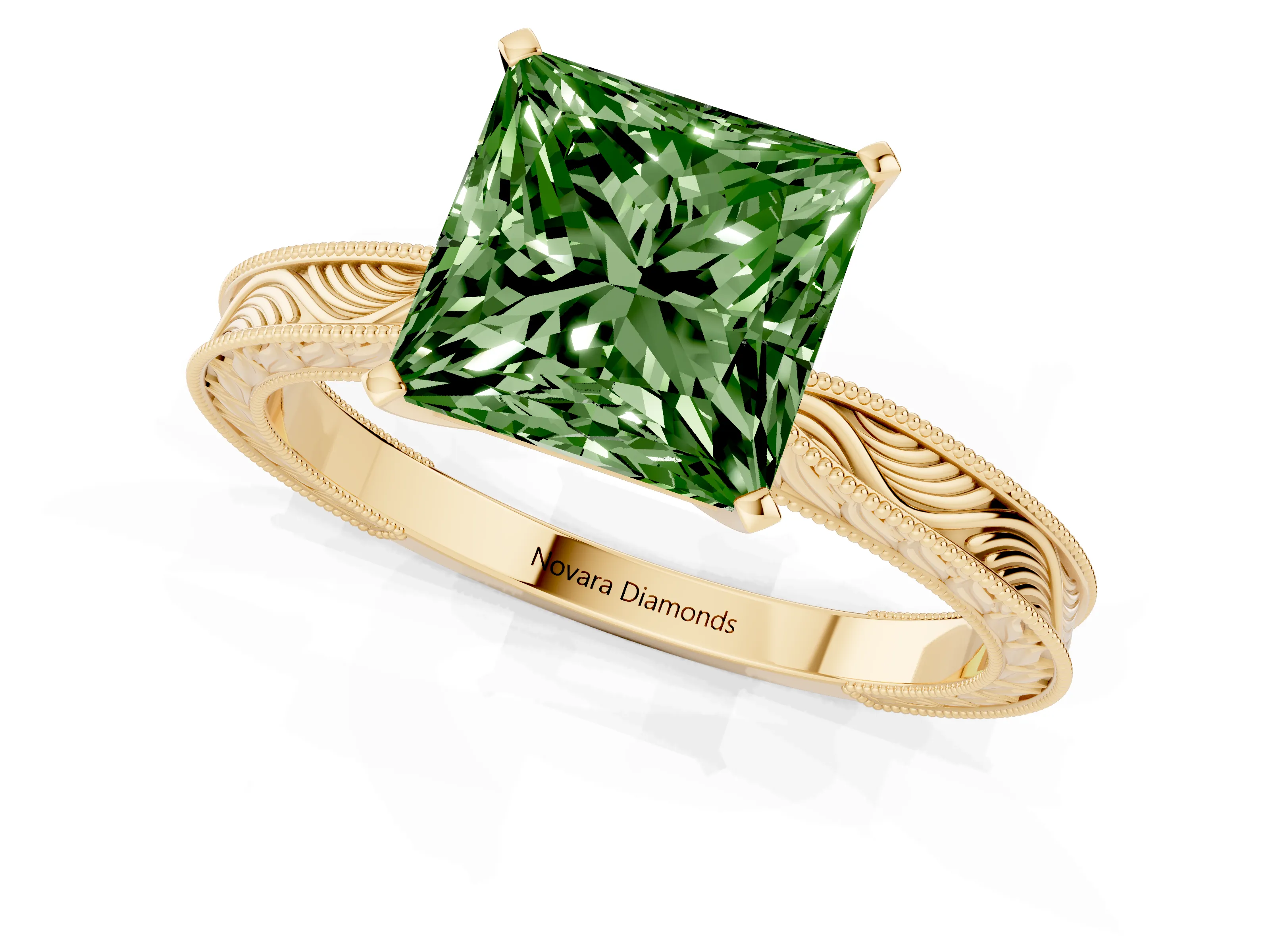 Fancy Green Princess Cut Diamond Solitaire Milgrain Engraved Band Set in Yellow gold with Prong Setting