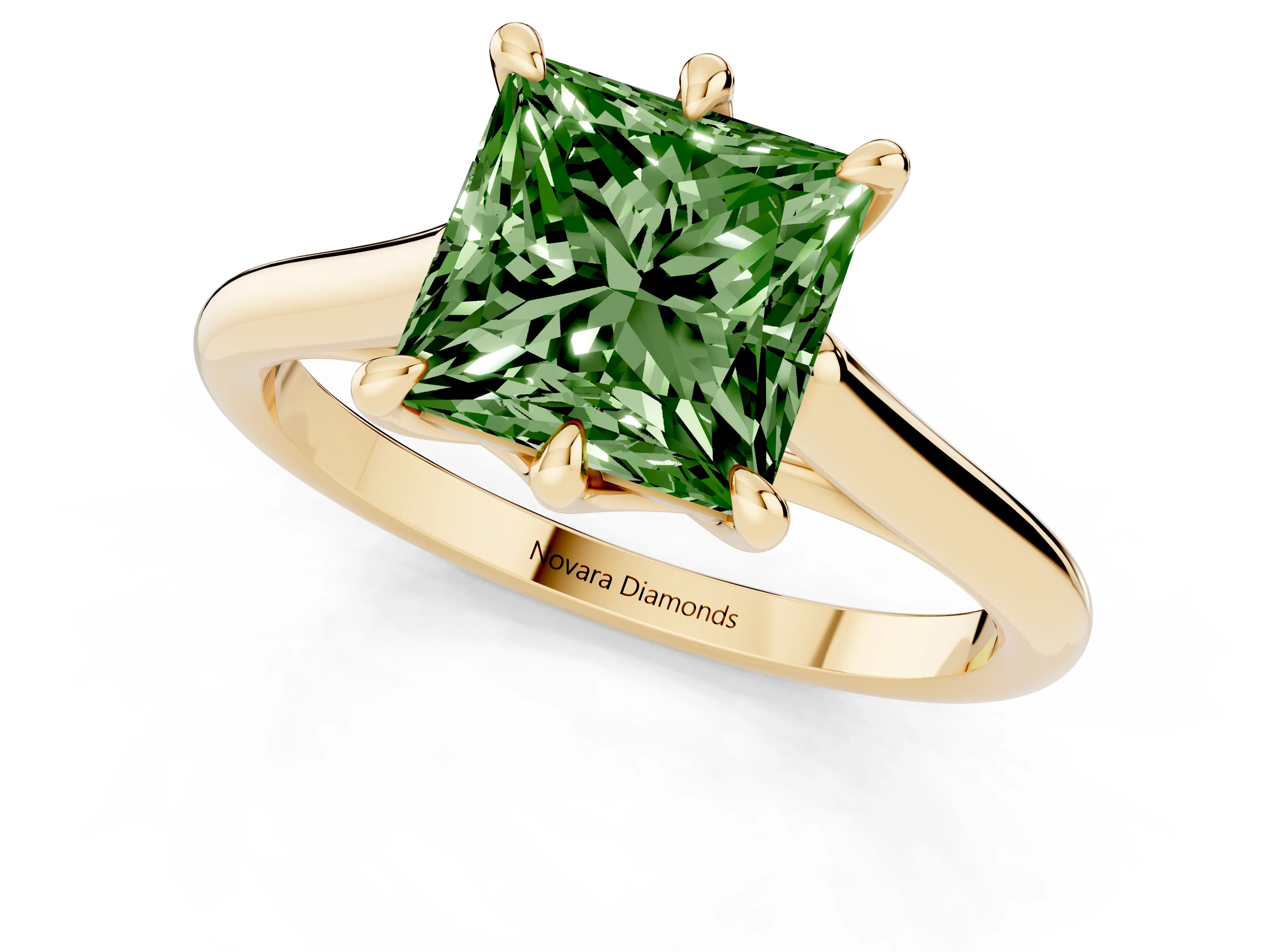 Fancy Green Princess Cut Diamond Solitaire Engagement Ring Set in Yellow gold with Prong Setting and Plain Classic Band