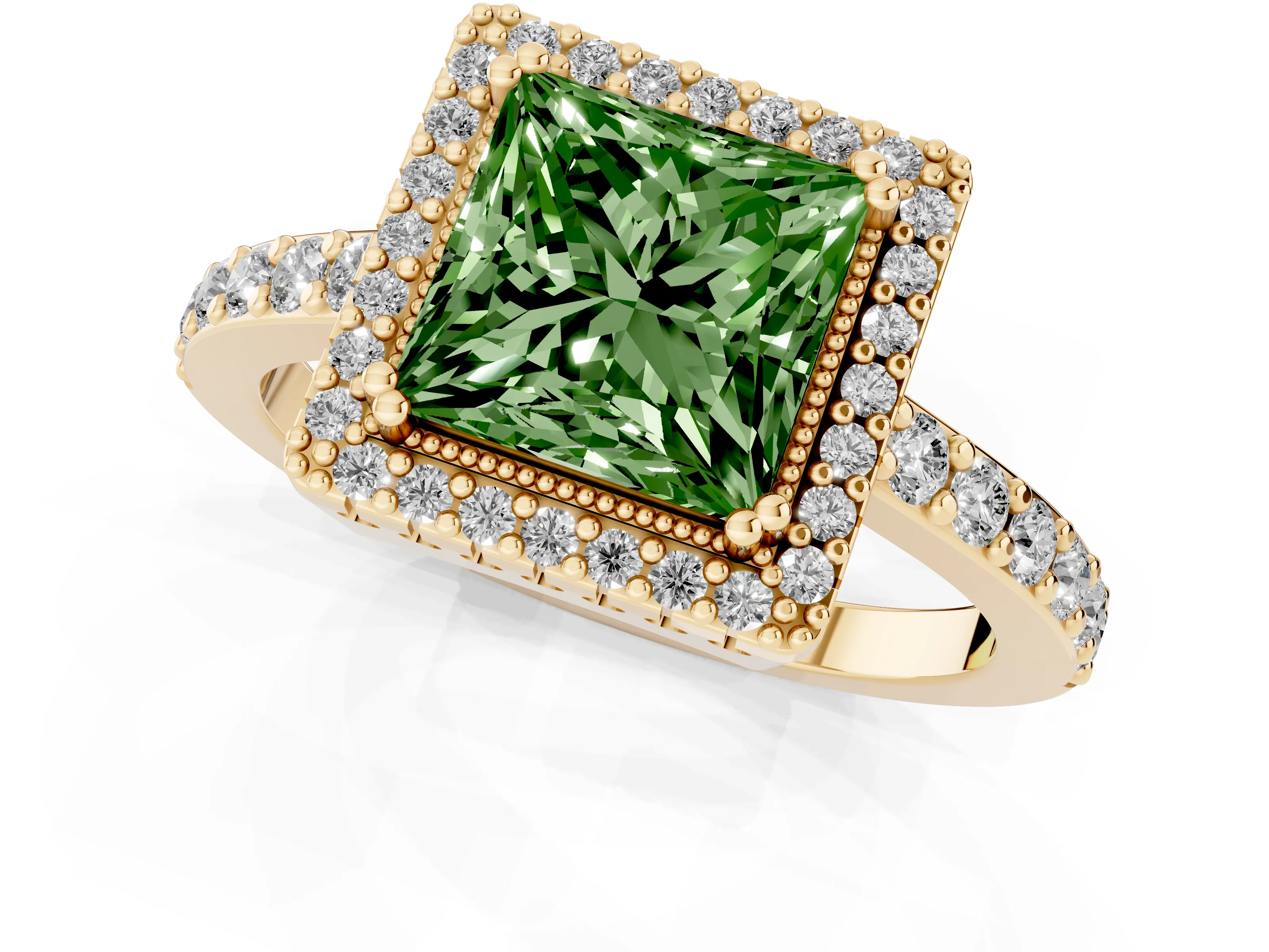 Fancy Green Princess Cut Diamond Halo Engagement Ring Set in Yellow gold with Milgrain Detail and Pavé Band