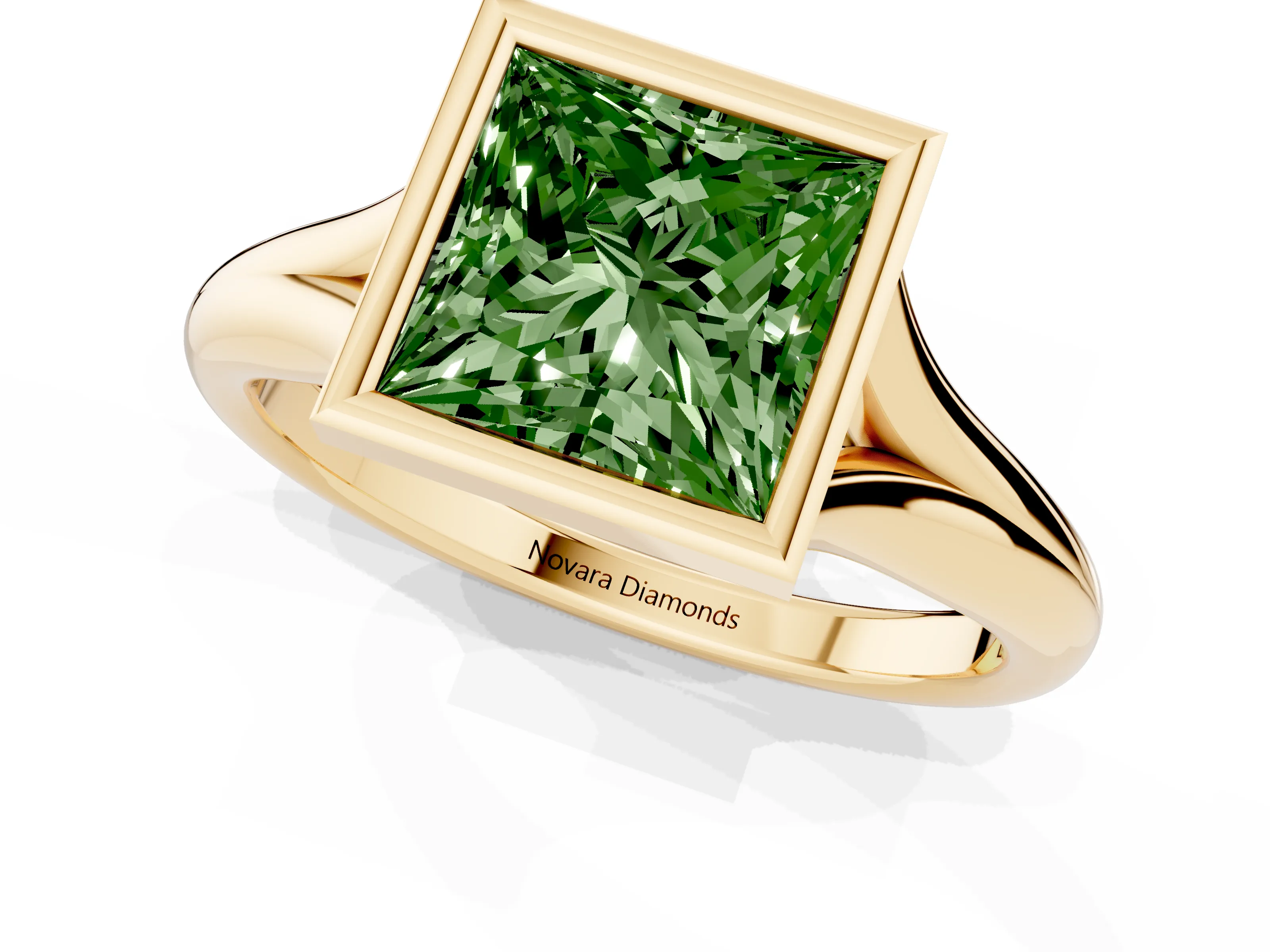 Fancy Green Bezel Set Princess Cut Diamond Solitaire Ring Set in Yellow gold with Smooth Band