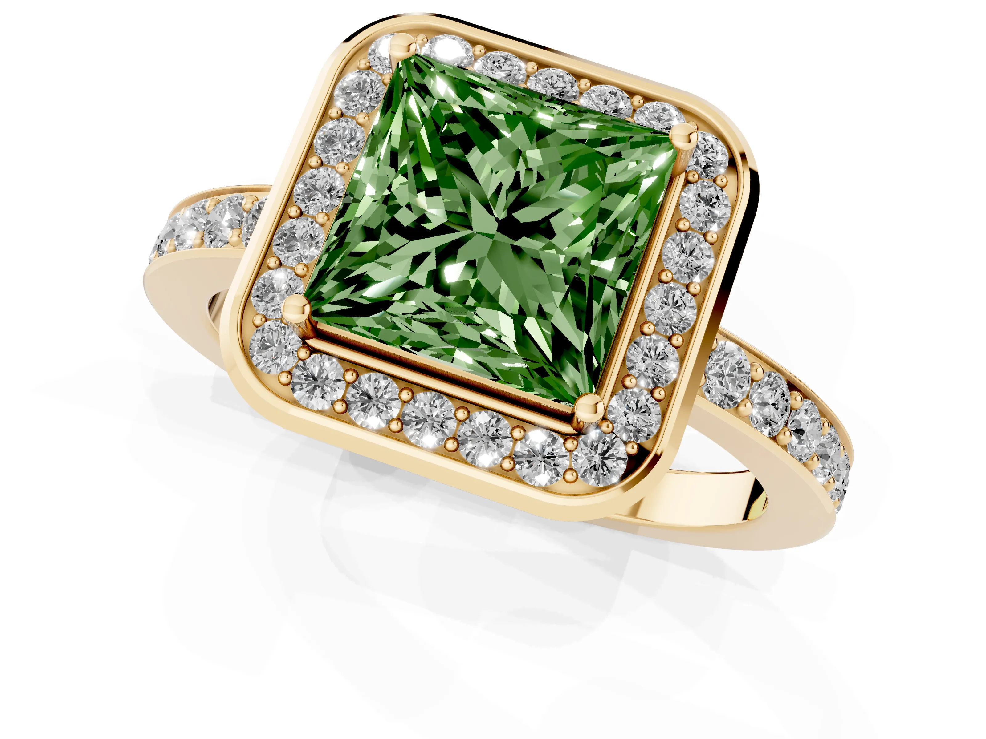 Fancy Green Princess Cut Diamond Halo Ring Set in Yellow gold with Bezel Frame and Pavé Band