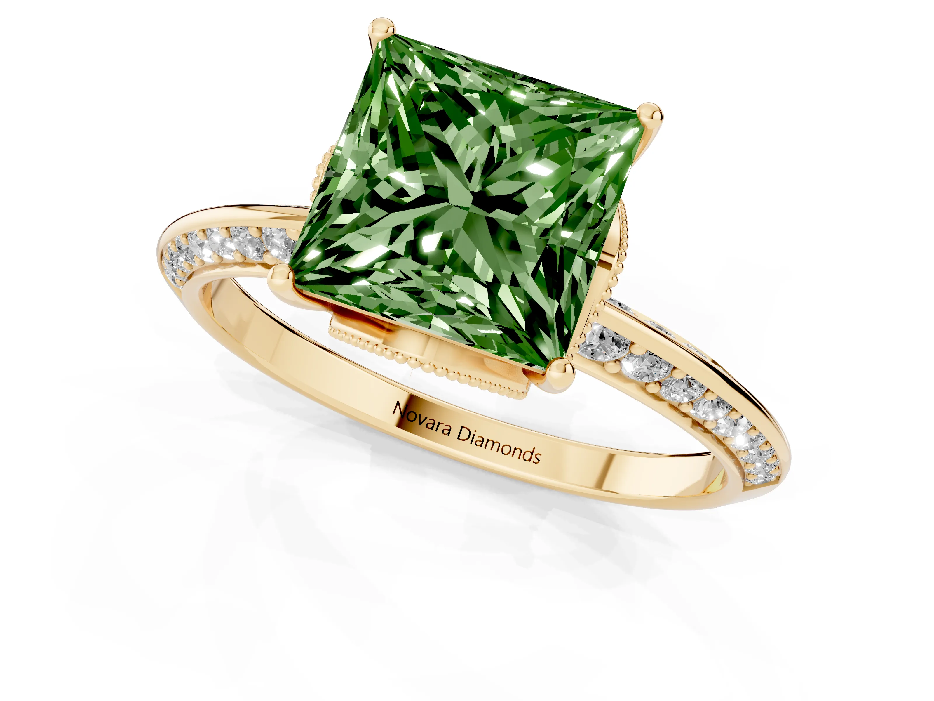 Fancy Green Princess Cut Diamond Solitaire Engagement Ring Set in Yellow gold with Pavé Split Shank and Prong Setting