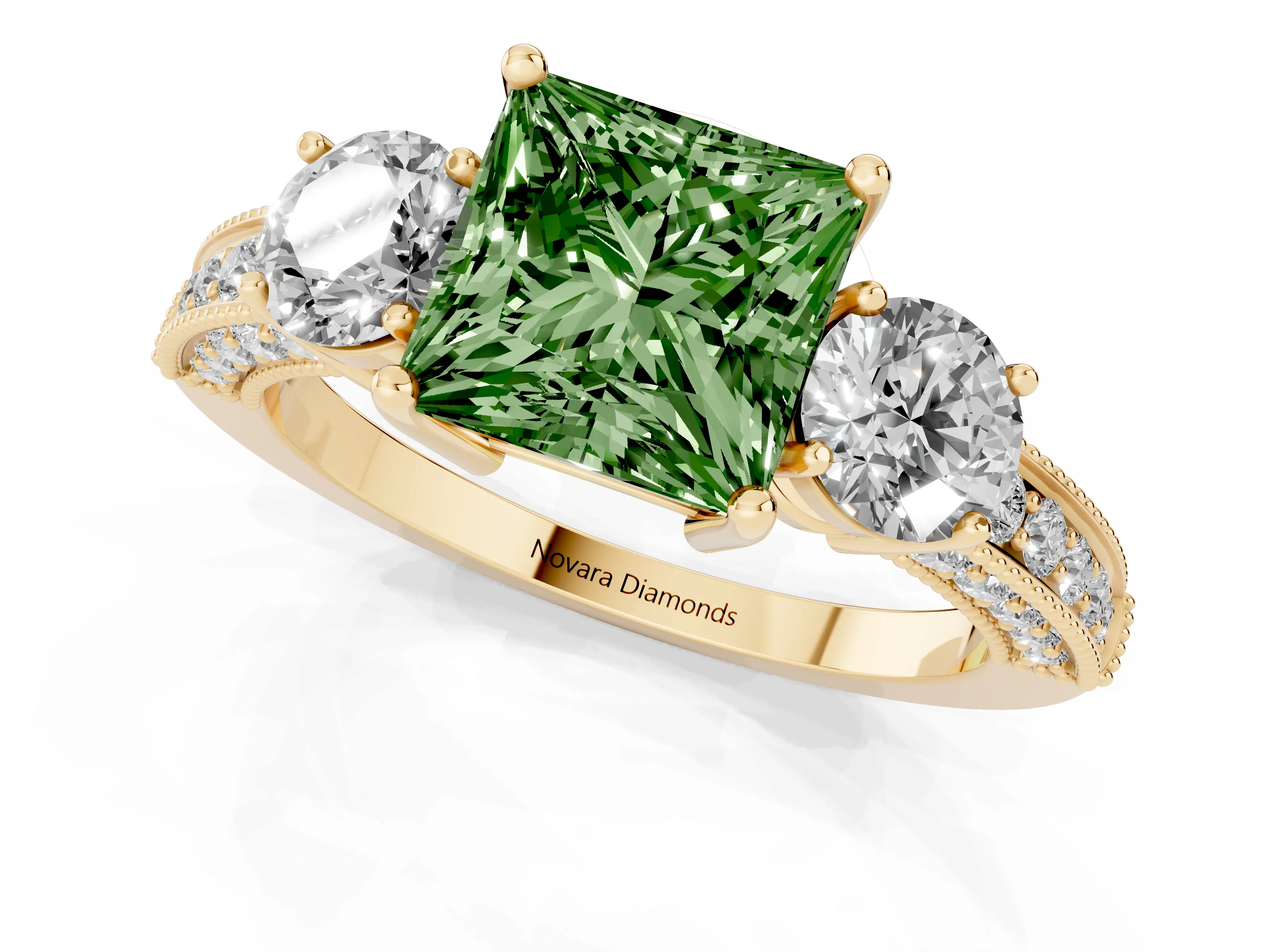 Fancy Green Princess Cut Diamond Three-Stone Ring Set in Yellow gold with Round Side Stones and Pavé Band